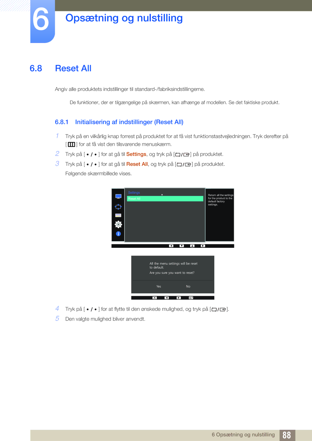 Samsung LS32D85KTSR/EN, LS27D85KTSN/EN, LS32D85KTSN/EN manual Initialisering af indstillinger Reset All 