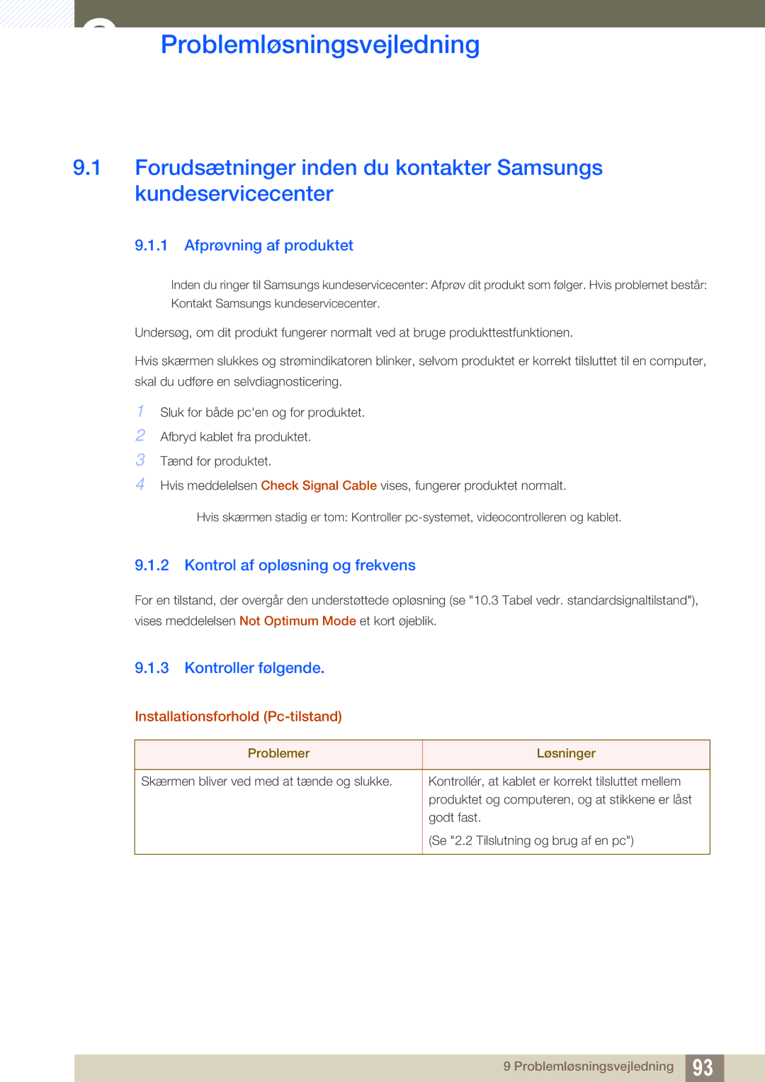 Samsung LS27D85KTSN/EN manual Problemløsningsvejledning, Afprøvning af produktet, Kontrol af opløsning og frekvens 