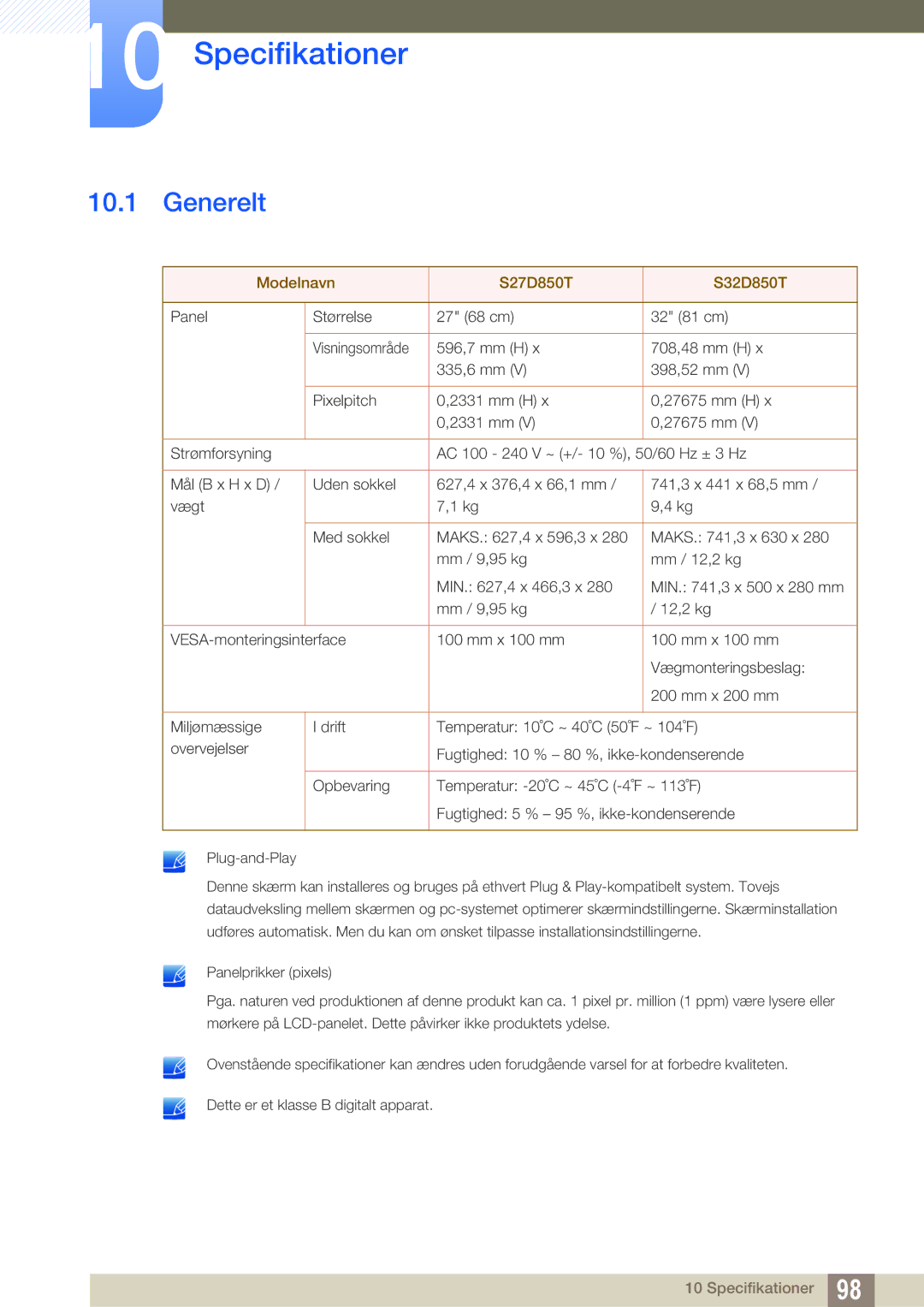 Samsung LS32D85KTSN/EN, LS27D85KTSN/EN, LS32D85KTSR/EN manual Specifikationer, Generelt 