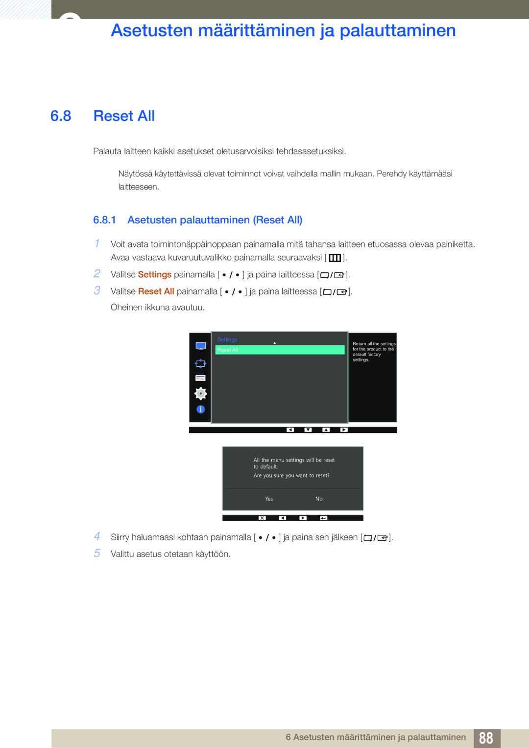 Samsung LS32D85KTSR/EN, LS27D85KTSN/EN, LS32D85KTSN/EN manual Asetusten palauttaminen Reset All 