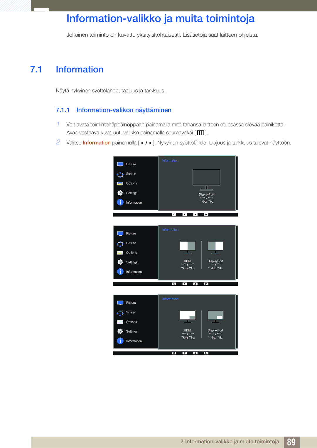 Samsung LS32D85KTSN/EN, LS27D85KTSN/EN manual Information-valikko ja muita toimintoja, Information-valikon näyttäminen 