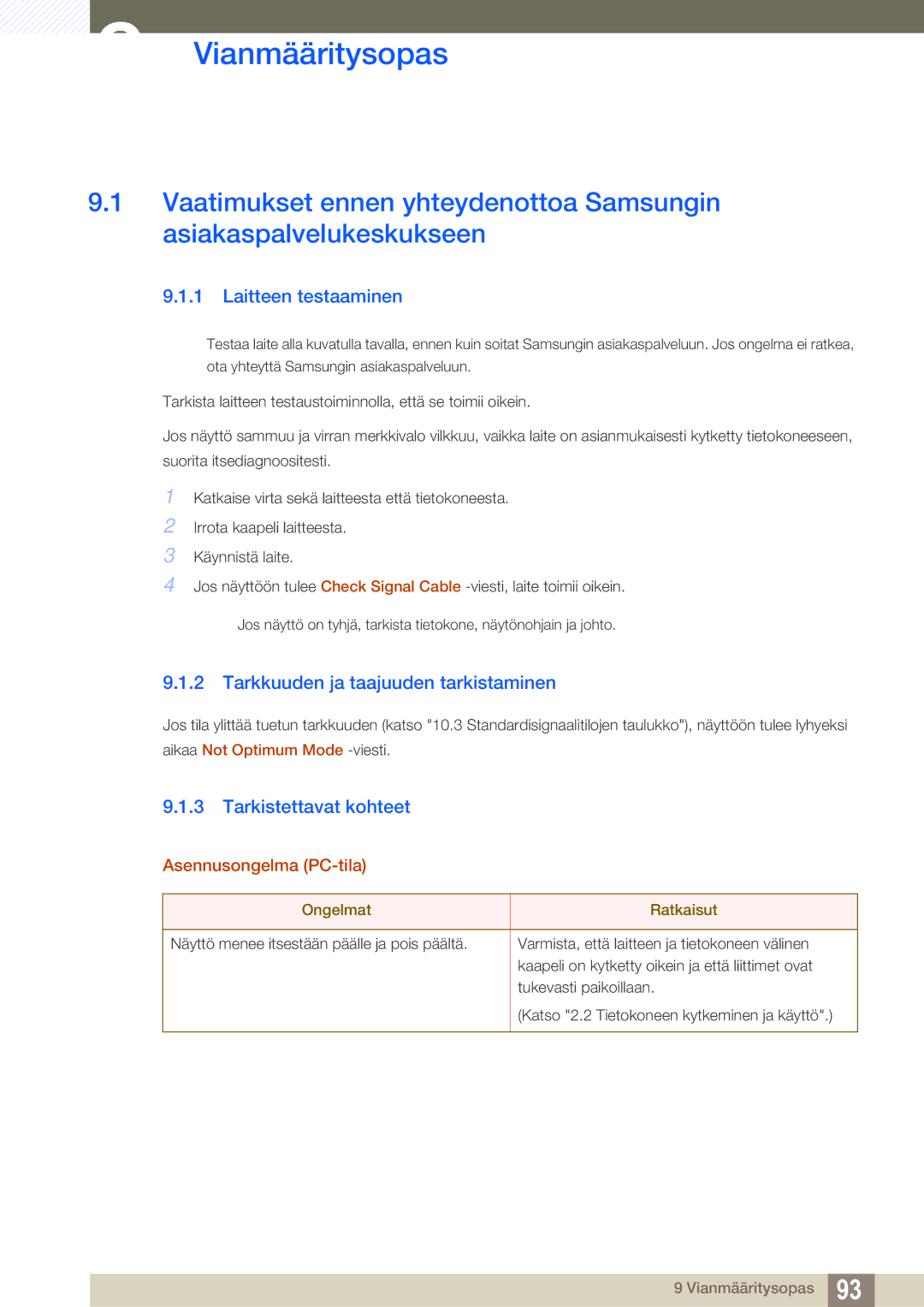 Samsung LS27D85KTSN/EN, LS32D85KTSR/EN manual Vianmääritysopas, Laitteen testaaminen, Tarkkuuden ja taajuuden tarkistaminen 