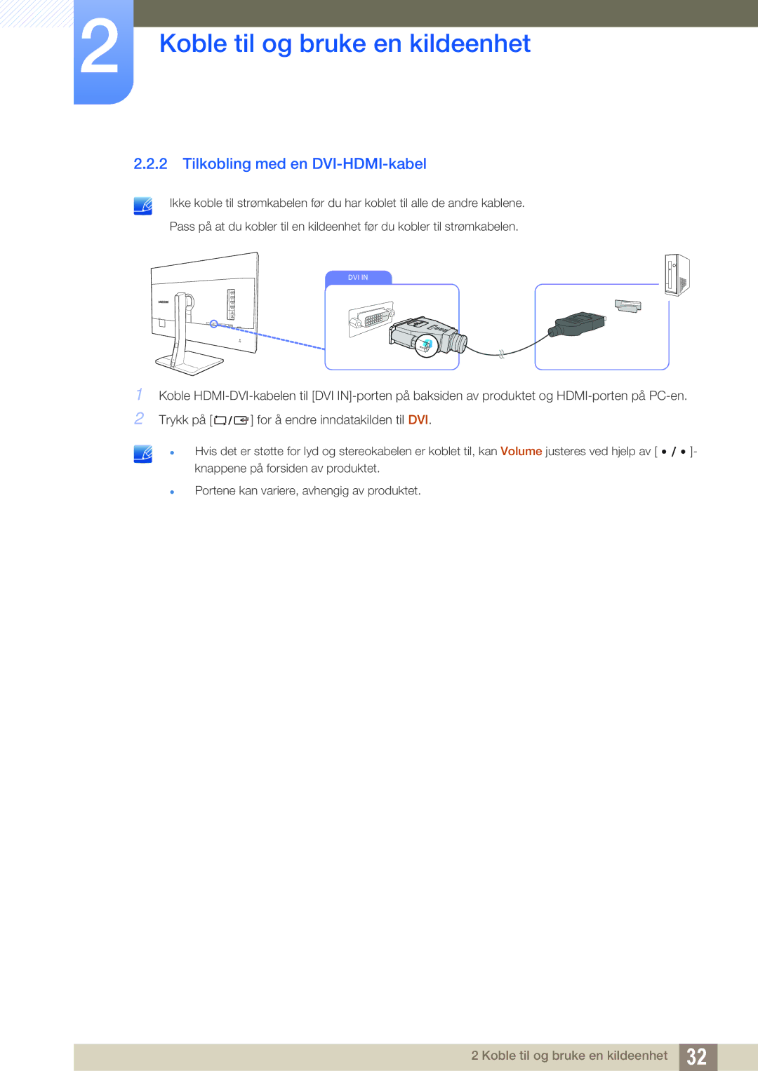 Samsung LS32D85KTSN/EN, LS27D85KTSN/EN, LS32D85KTSR/EN manual Tilkobling med en DVI-HDMI-kabel 