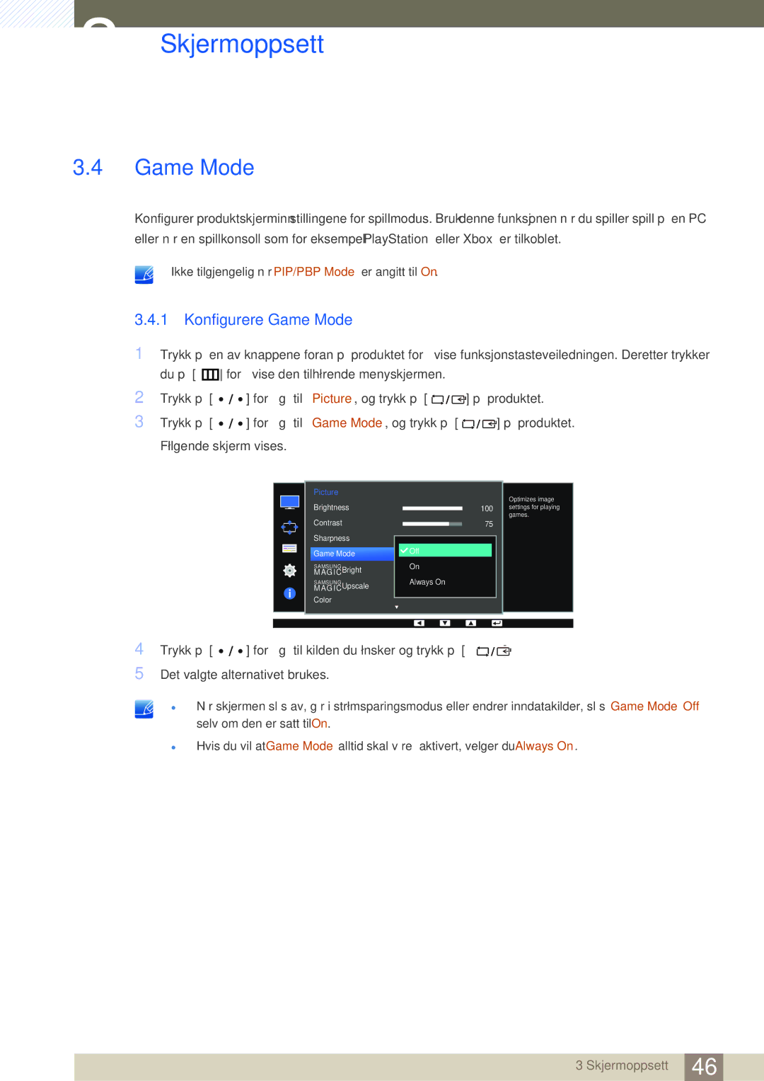 Samsung LS32D85KTSR/EN, LS27D85KTSN/EN, LS32D85KTSN/EN manual Konfigurere Game Mode 