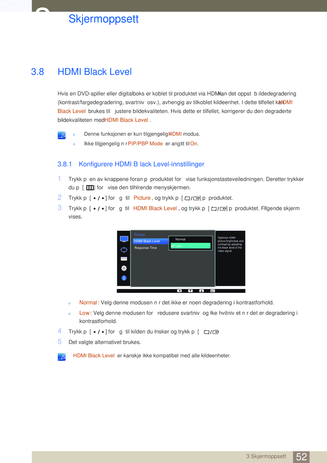 Samsung LS32D85KTSR/EN, LS27D85KTSN/EN, LS32D85KTSN/EN manual Konfigurere Hdmi Black Level-innstillinger 