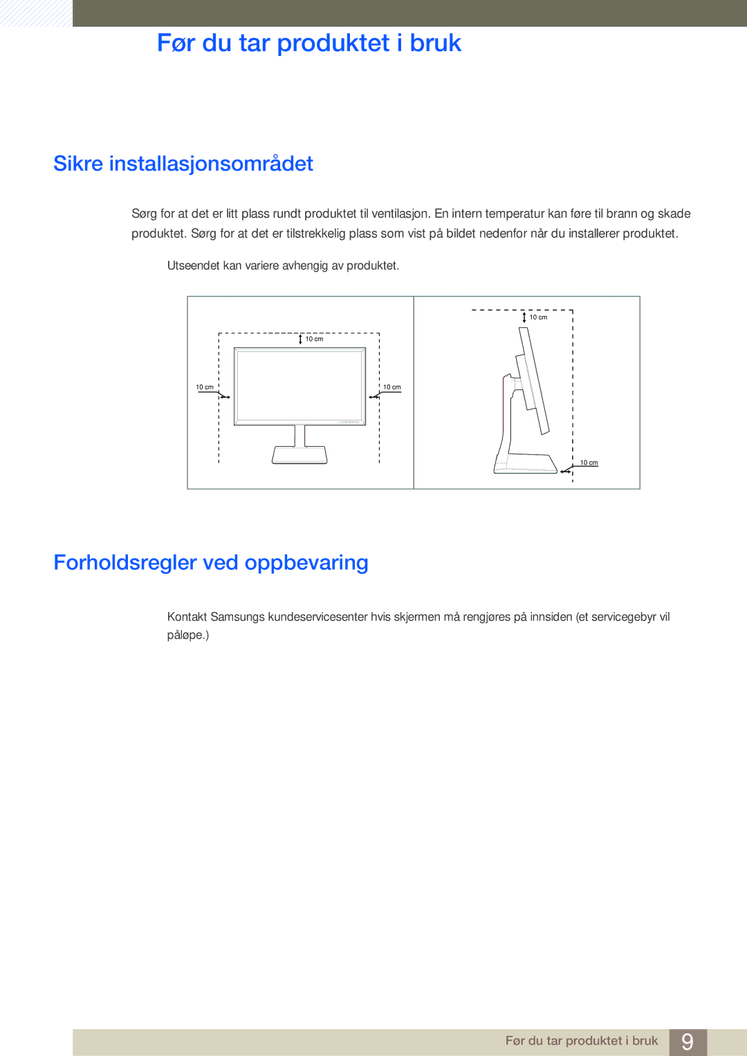 Samsung LS27D85KTSN/EN, LS32D85KTSR/EN, LS32D85KTSN/EN manual Sikre installasjonsområdet, Forholdsregler ved oppbevaring 