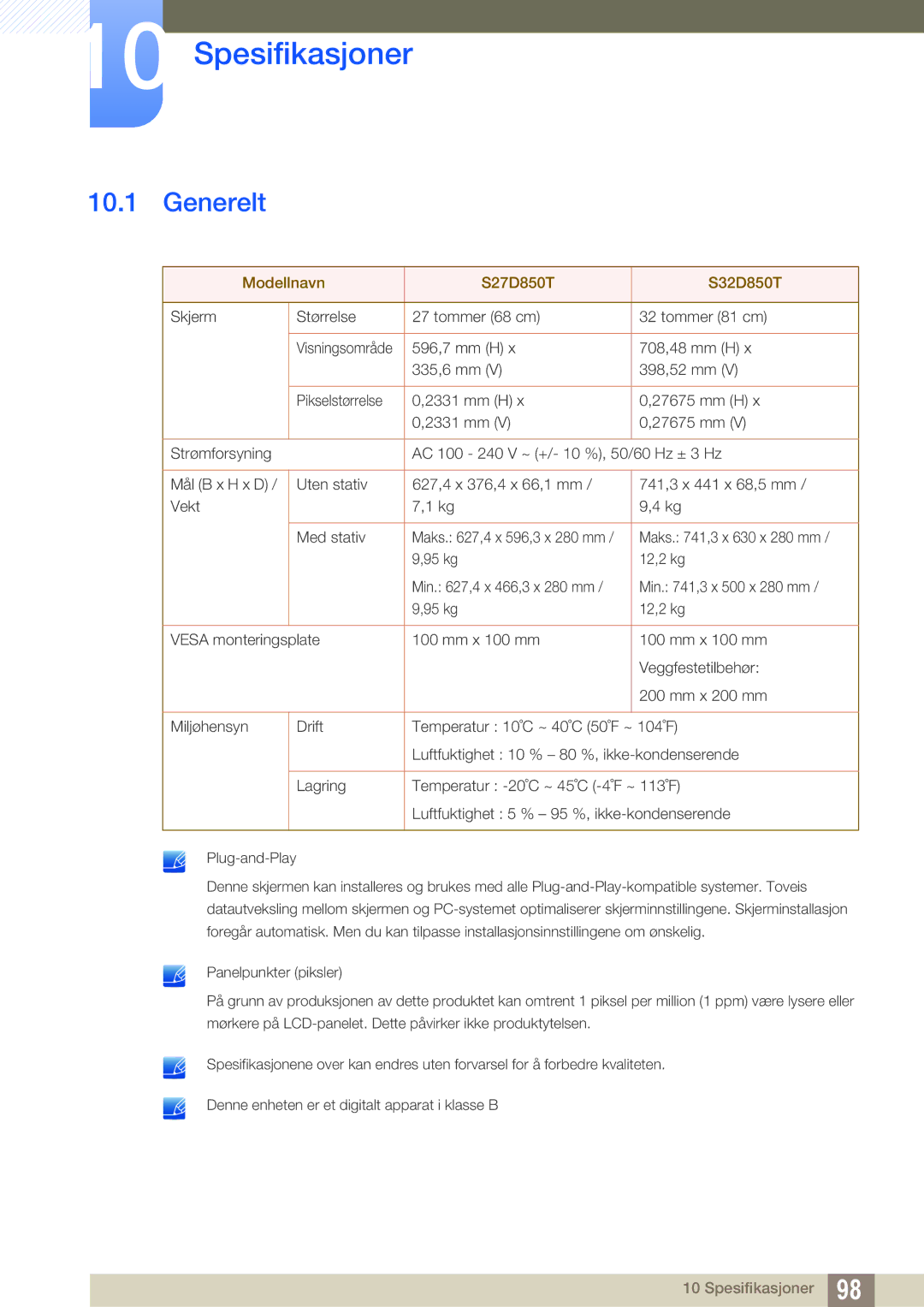 Samsung LS32D85KTSN/EN, LS27D85KTSN/EN, LS32D85KTSR/EN manual Spesifikasjoner, Generelt 