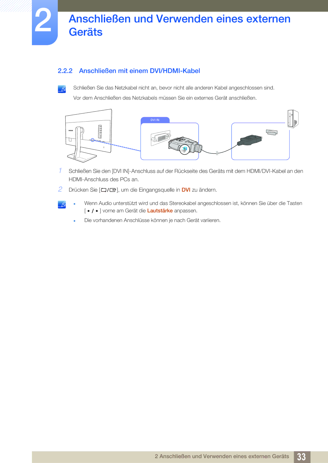 Samsung LS32D85KTSR/EN, LS27D85KTSN/EN manual Anschließen mit einem DVI/HDMI-Kabel 