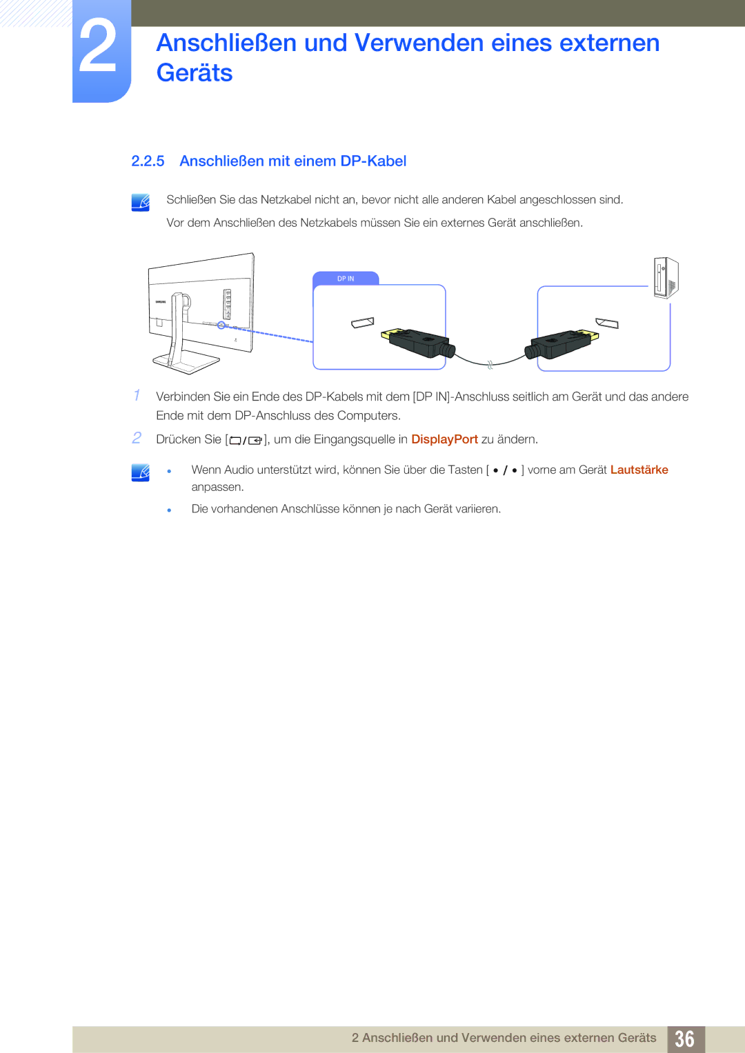 Samsung LS27D85KTSN/EN, LS32D85KTSR/EN manual Anschließen mit einem DP-Kabel 