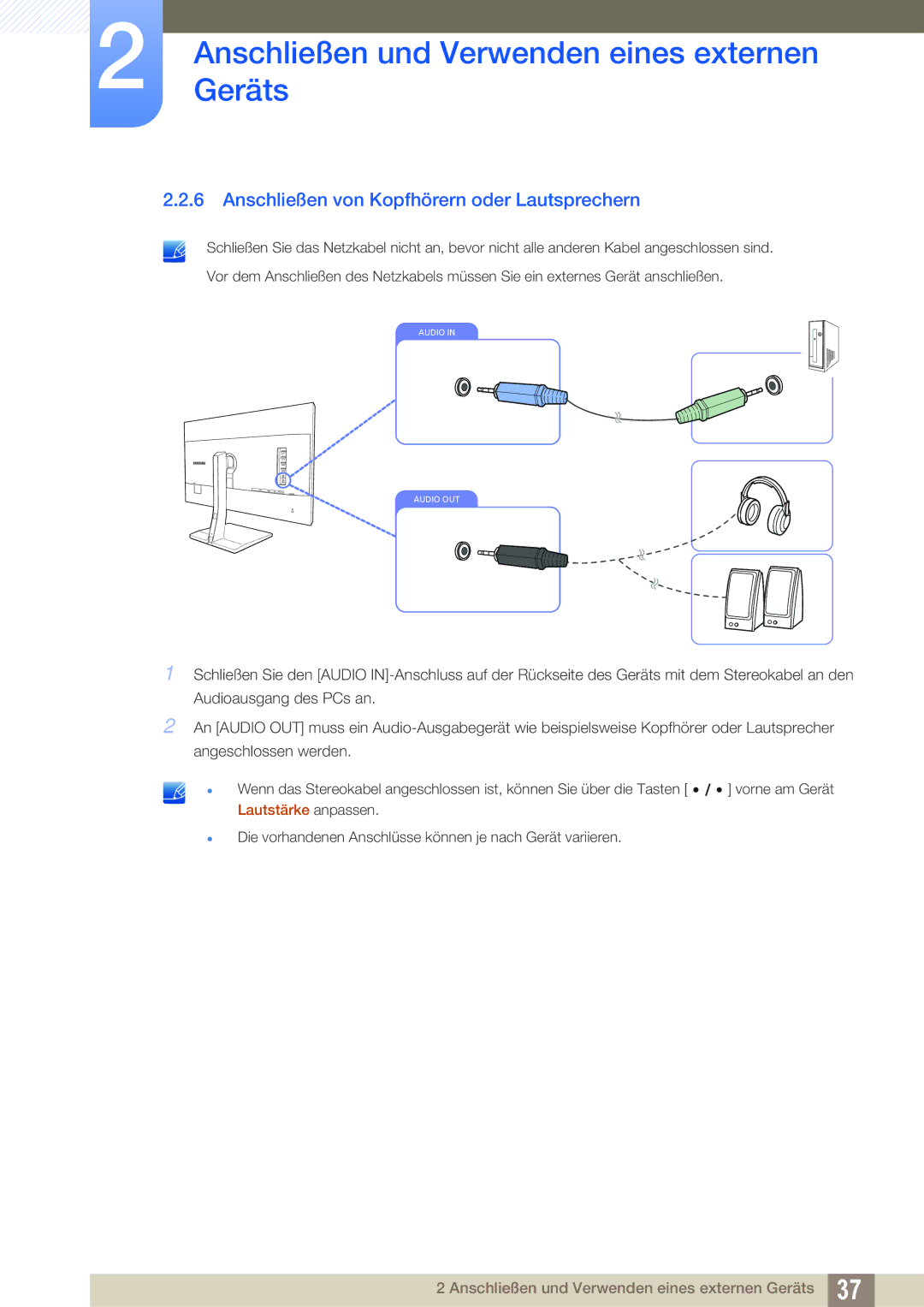 Samsung LS32D85KTSR/EN, LS27D85KTSN/EN manual Anschließen von Kopfhörern oder Lautsprechern 