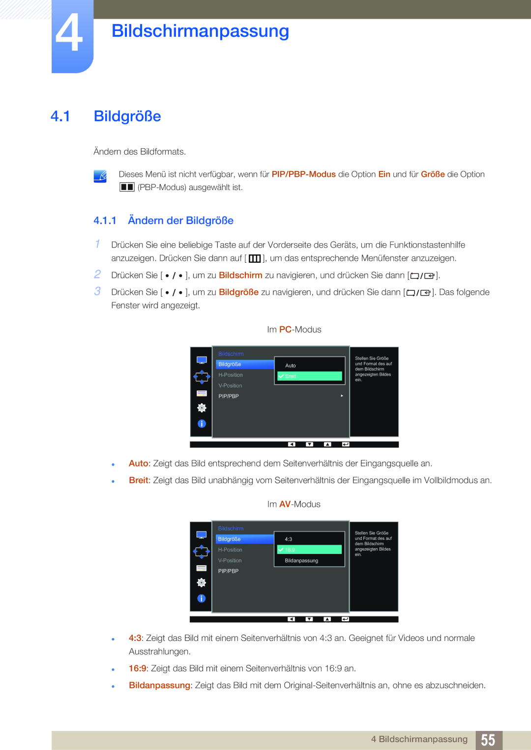 Samsung LS32D85KTSR/EN, LS27D85KTSN/EN manual Bildschirmanpassung, 1 Ändern der Bildgröße 