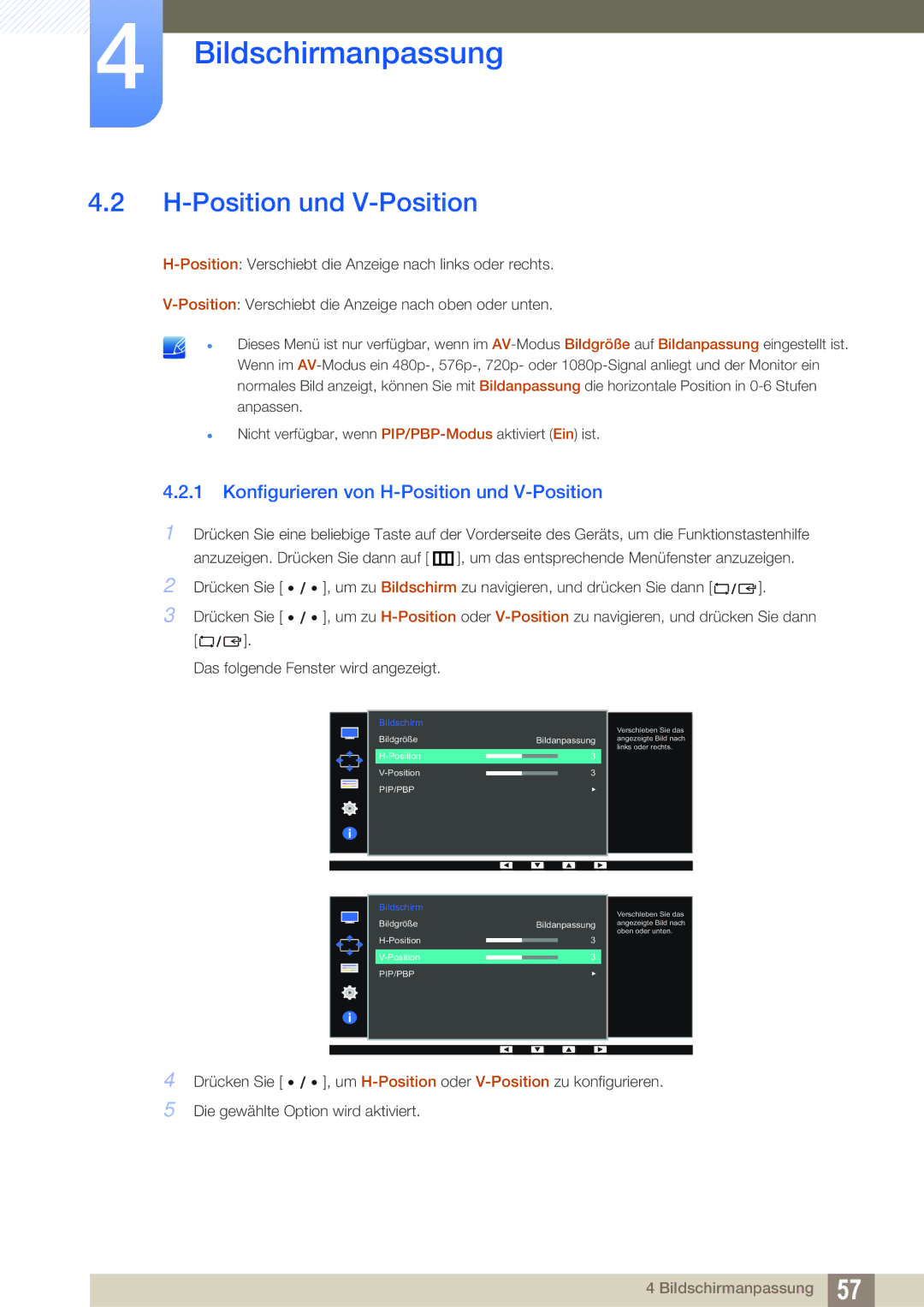 Samsung LS32D85KTSR/EN, LS27D85KTSN/EN manual Konfigurieren von H-Position und V-Position 