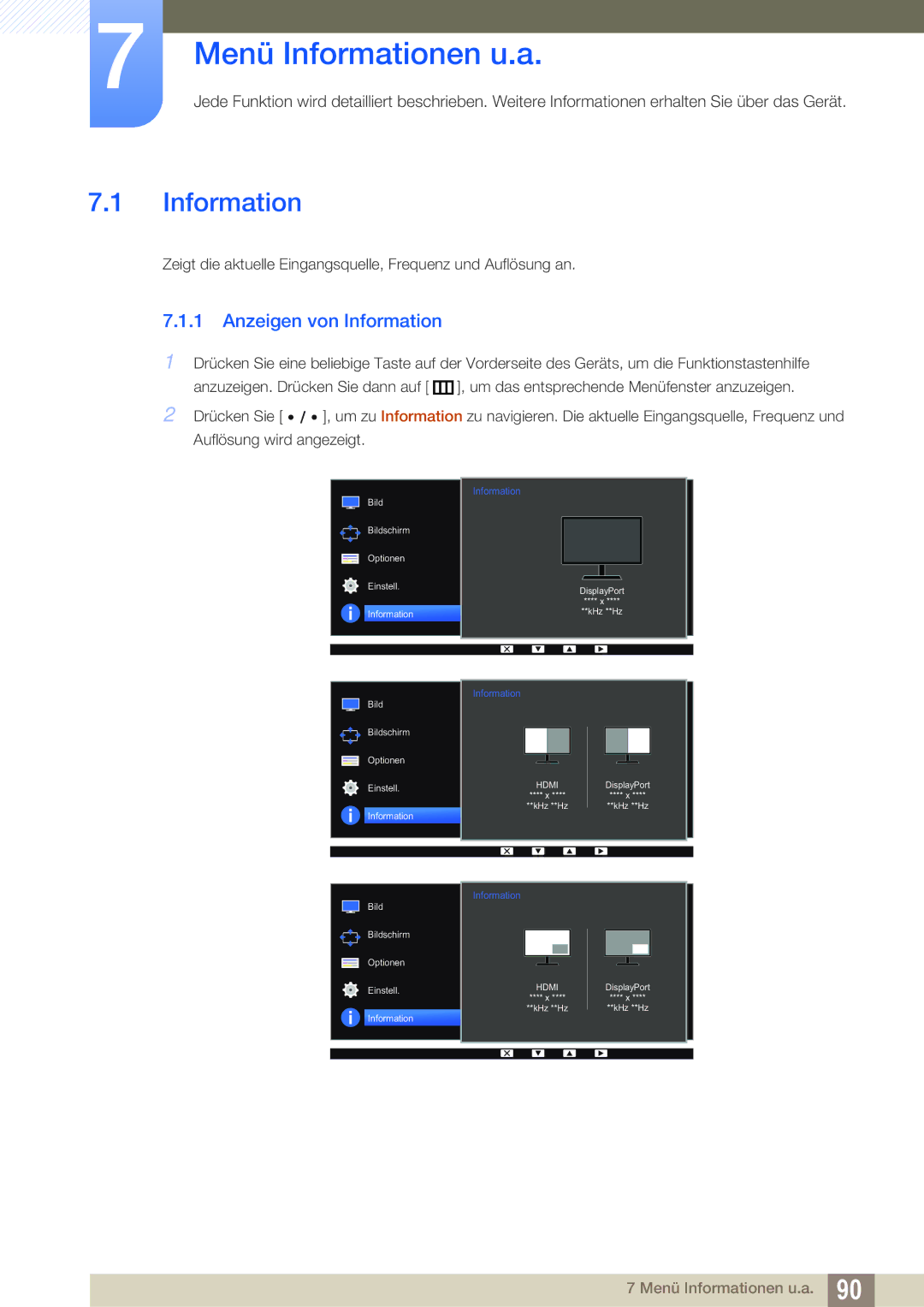 Samsung LS27D85KTSN/EN, LS32D85KTSR/EN manual Menü Informationen u.a, Anzeigen von Information 