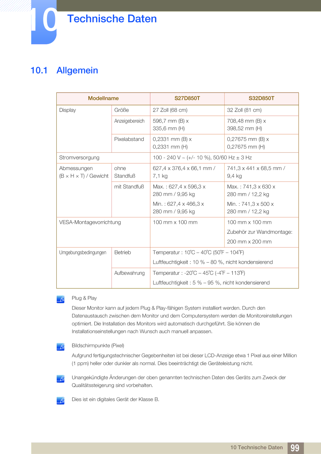 Samsung LS32D85KTSR/EN, LS27D85KTSN/EN manual Technische Daten, Allgemein 