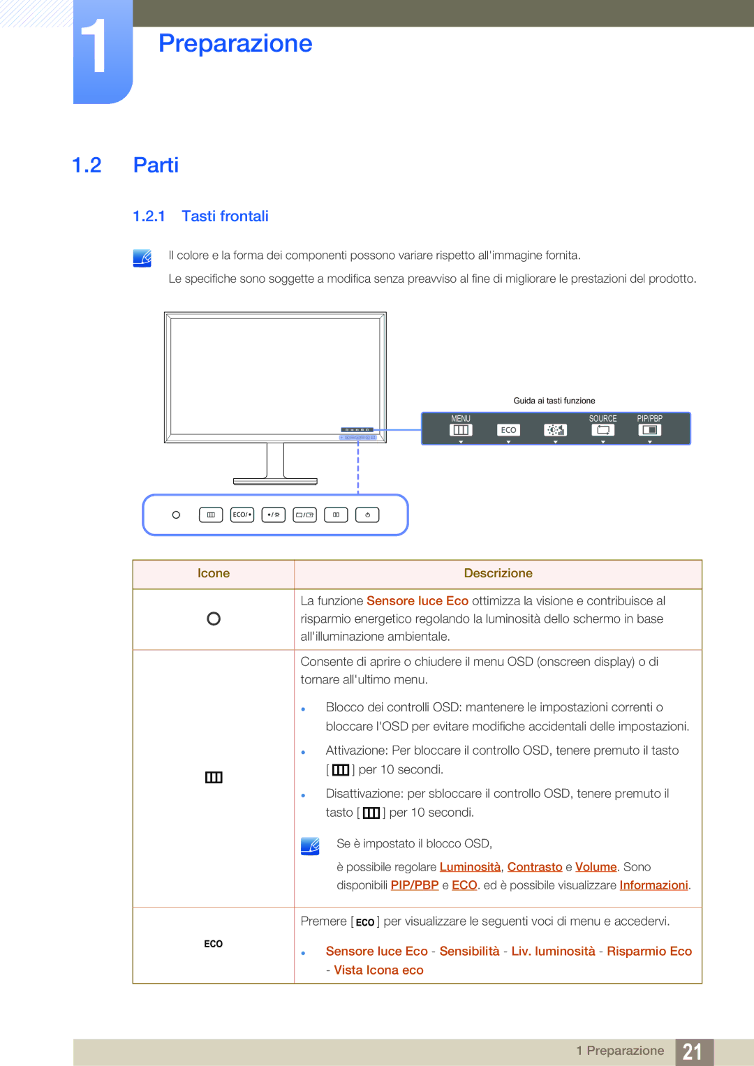 Samsung LS32D85KTSR/EN, LS27D85KTSN/EN manual Parti, Tasti frontali 