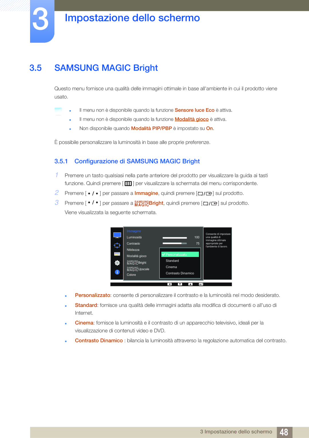 Samsung LS27D85KTSN/EN, LS32D85KTSR/EN manual Configurazione di Samsung Magic Bright 