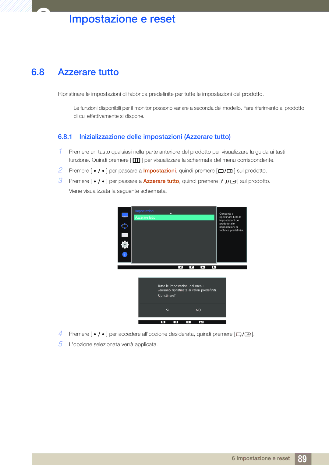 Samsung LS32D85KTSR/EN, LS27D85KTSN/EN manual Inizializzazione delle impostazioni Azzerare tutto 