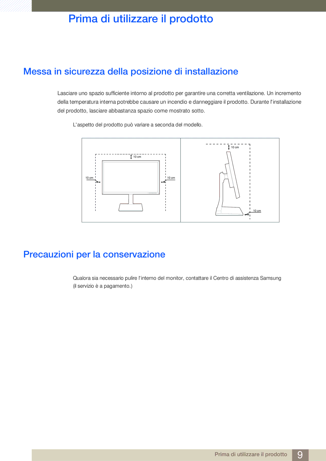 Samsung LS32D85KTSR/EN manual Messa in sicurezza della posizione di installazione, Precauzioni per la conservazione 