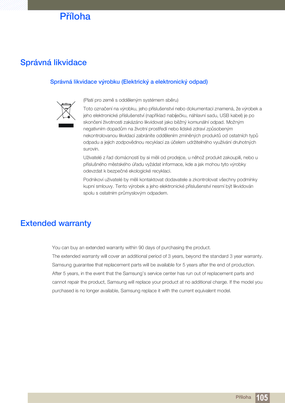 Samsung LS32D85KTSR/EN, LS27D85KTSN/EN Extended warranty, Správná likvidace výrobku Elektrický a elektronický odpad 