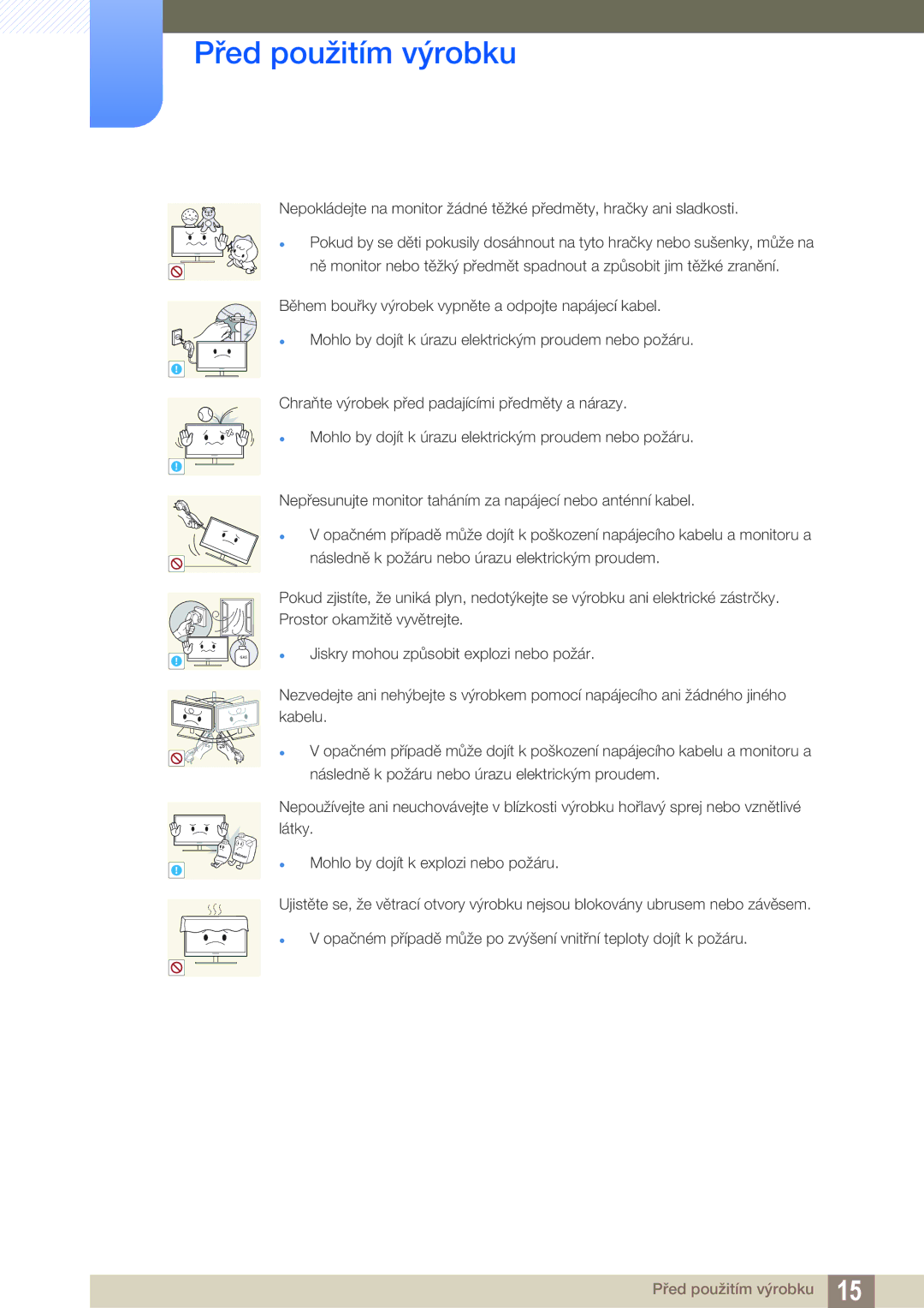 Samsung LS32D85KTSR/EN, LS27D85KTSN/EN manual  Jiskry mohou způsobit explozi nebo požár 