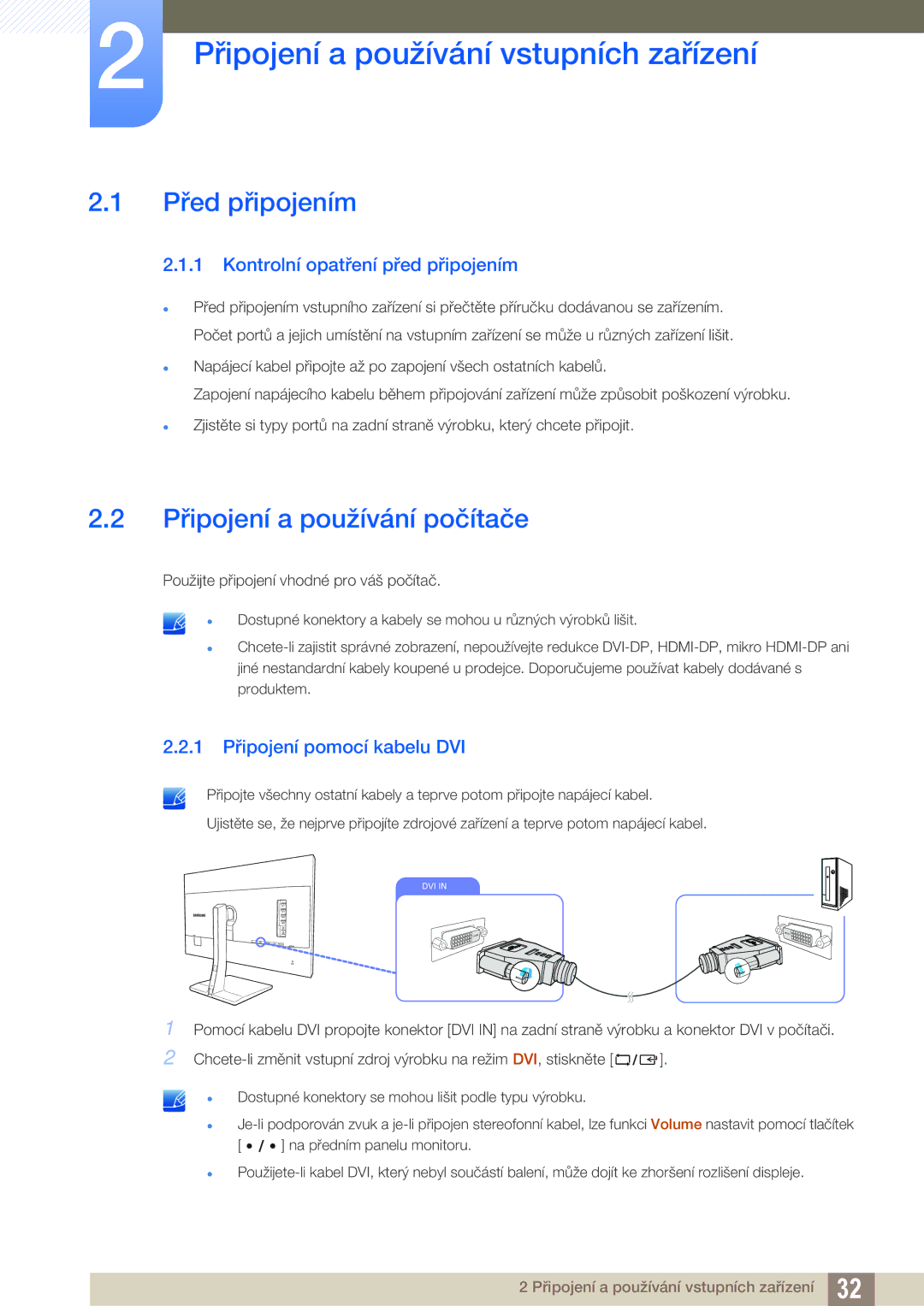 Samsung LS27D85KTSN/EN manual Připojení a používání vstupních zařízení, Před připojením, Připojení a používání počítače 