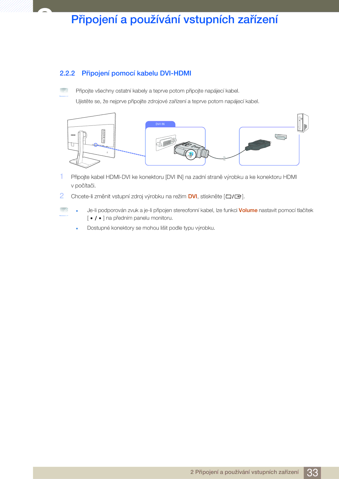 Samsung LS32D85KTSR/EN, LS27D85KTSN/EN manual 2 Připojení pomocí kabelu DVI-HDMI 