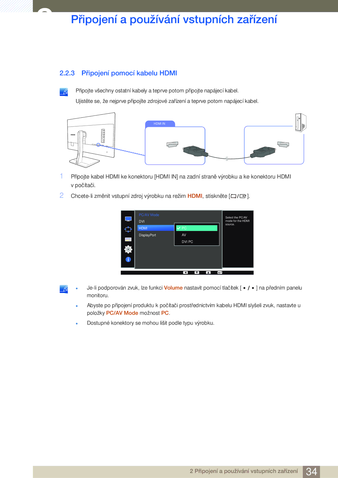 Samsung LS27D85KTSN/EN, LS32D85KTSR/EN manual 3 Připojení pomocí kabelu Hdmi 