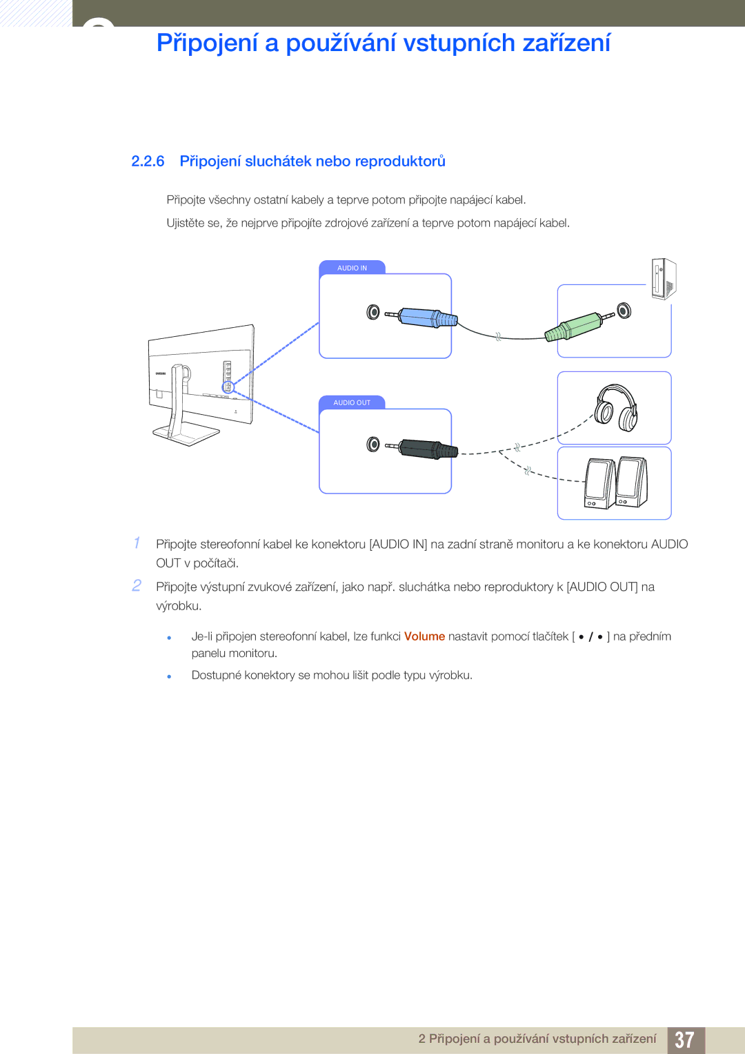 Samsung LS32D85KTSR/EN, LS27D85KTSN/EN manual 6 Připojení sluchátek nebo reproduktorů 