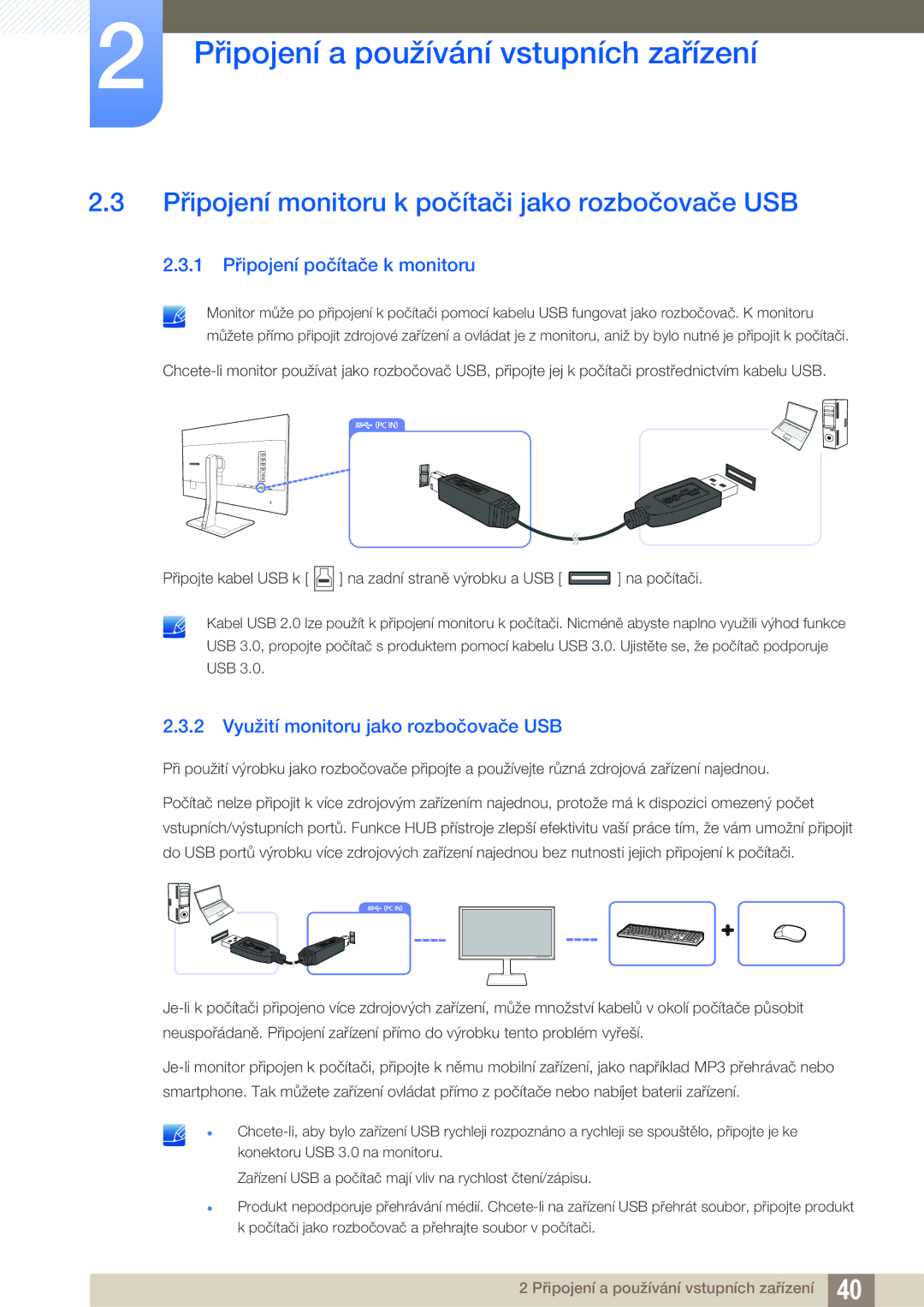 Samsung LS27D85KTSN/EN, LS32D85KTSR/EN Připojení monitoru k počítači jako rozbočovače USB, 1 Připojení počítače k monitoru 