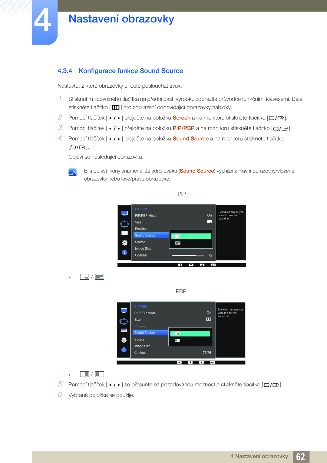 Samsung LS27D85KTSN/EN, LS32D85KTSR/EN manual Konfigurace funkce Sound Source, Pip 