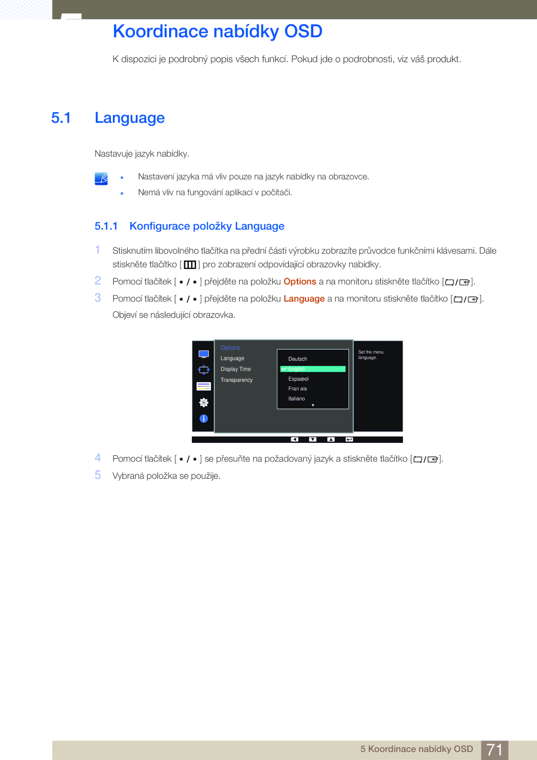 Samsung LS32D85KTSR/EN, LS27D85KTSN/EN manual Koordinace nabídky OSD, Konfigurace položky Language 