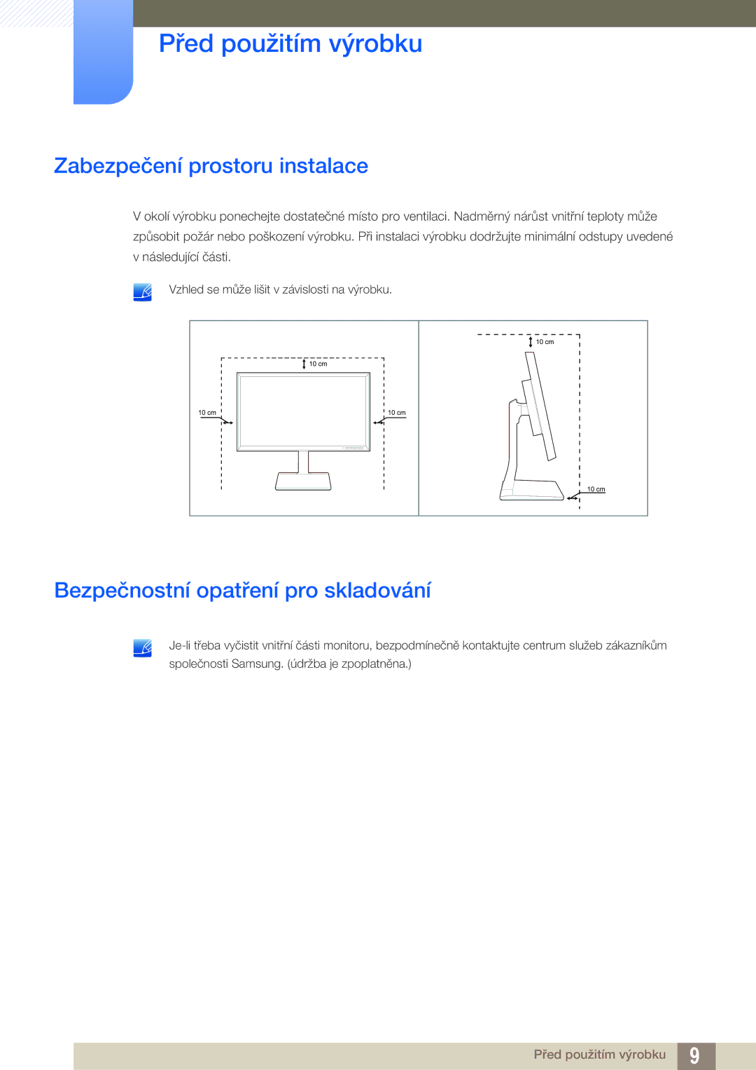 Samsung LS32D85KTSR/EN, LS27D85KTSN/EN manual Zabezpečení prostoru instalace, Bezpečnostní opatření pro skladování 