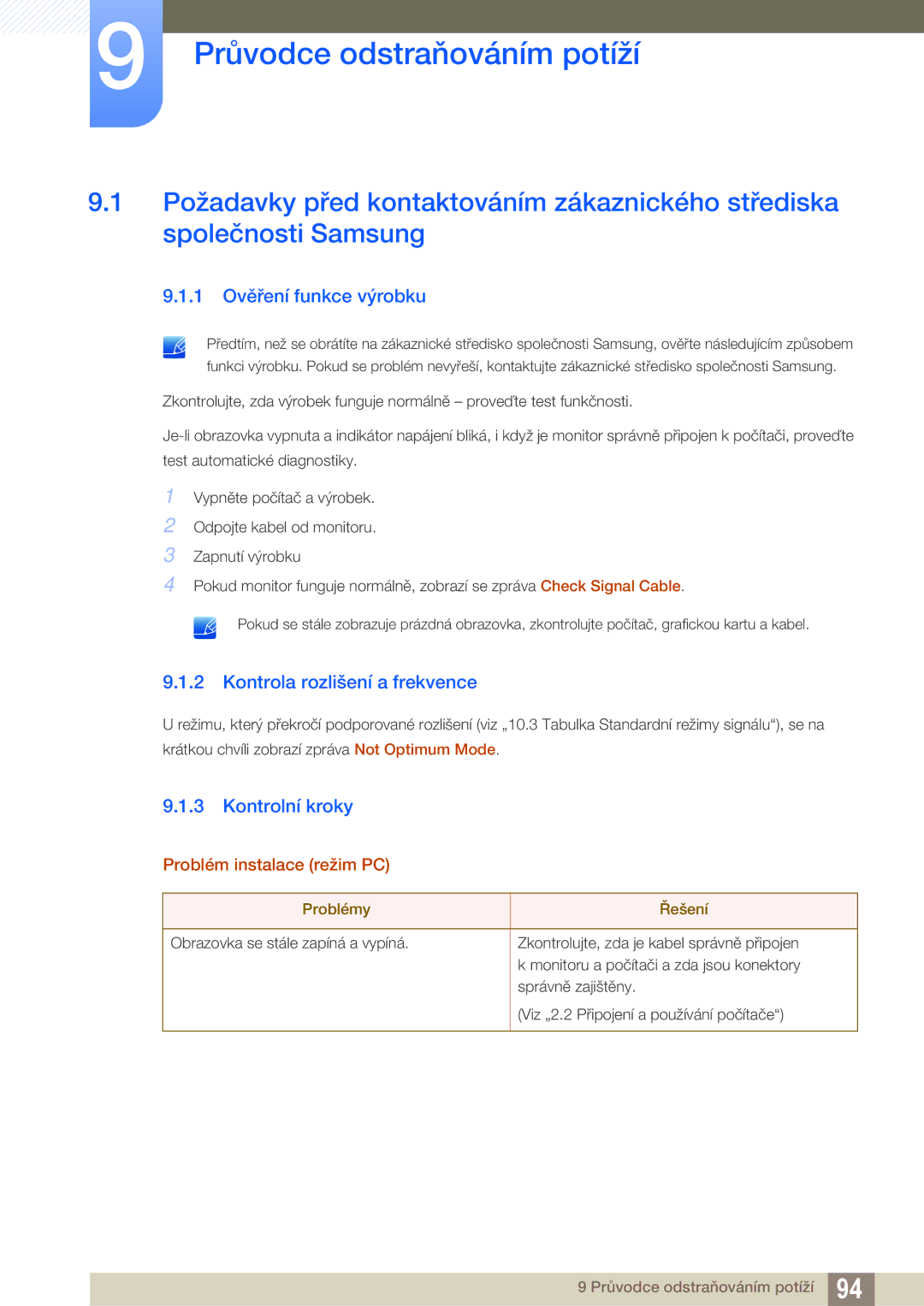 Samsung LS27D85KTSN/EN manual Průvodce odstraňováním potíží, 1 Ověření funkce výrobku, Kontrola rozlišení a frekvence 