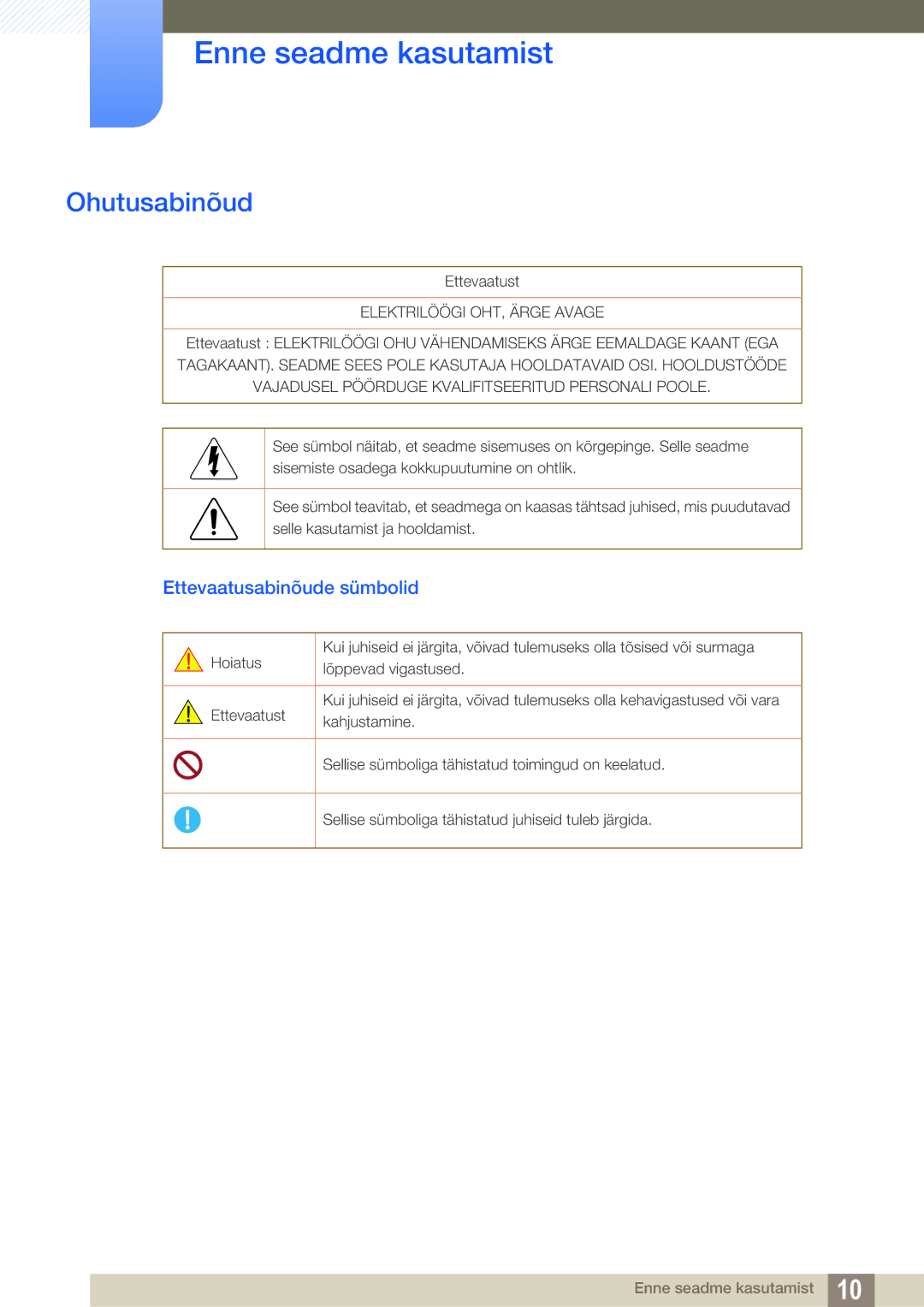 Samsung LS27D85KTSN/EN, LS32D85KTSR/EN manual Ohutusabinõud, Ettevaatusabinõude sümbolid 