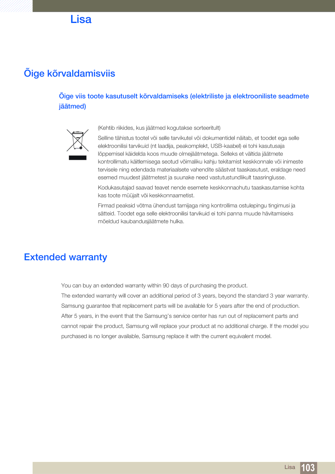 Samsung LS32D85KTSR/EN, LS27D85KTSN/EN manual Õige kõrvaldamisviis, Extended warranty 