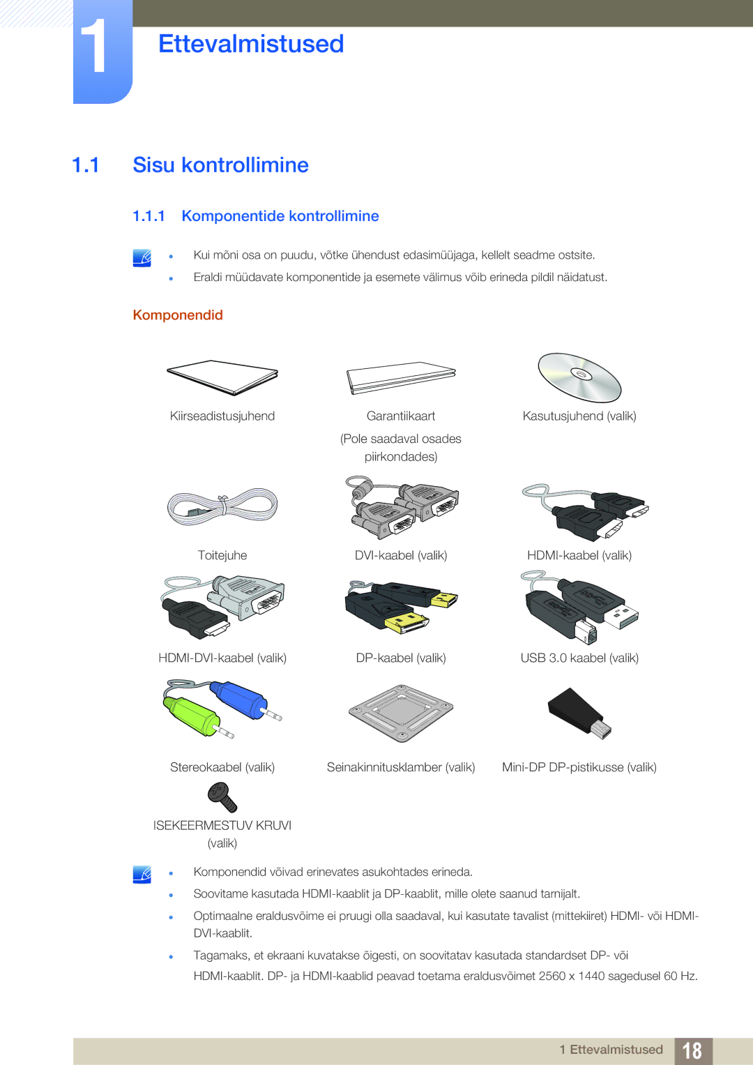 Samsung LS27D85KTSN/EN, LS32D85KTSR/EN manual Ettevalmistused, Sisu kontrollimine, Komponentide kontrollimine, Komponendid 