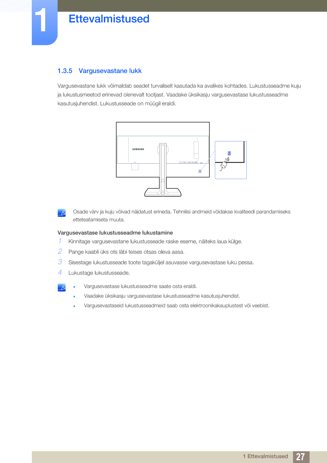 Samsung LS32D85KTSR/EN, LS27D85KTSN/EN manual Vargusevastane lukk 