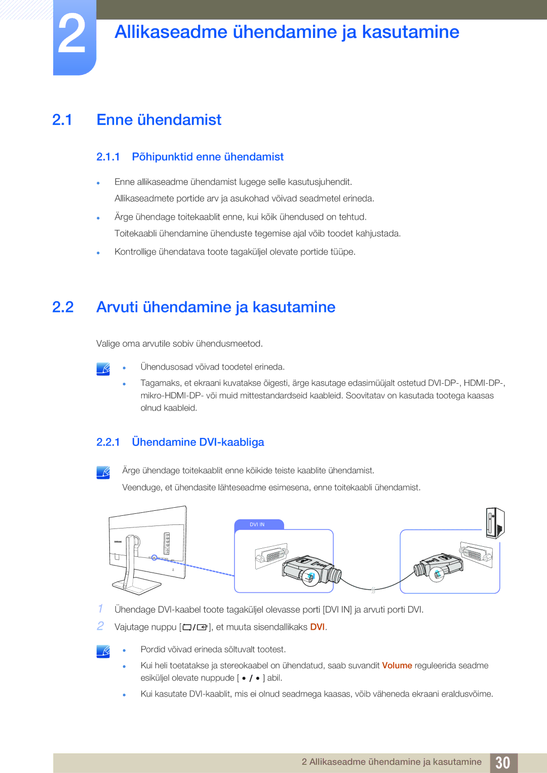 Samsung LS27D85KTSN/EN manual Allikaseadme ühendamine ja kasutamine, Enne ühendamist, Arvuti ühendamine ja kasutamine 