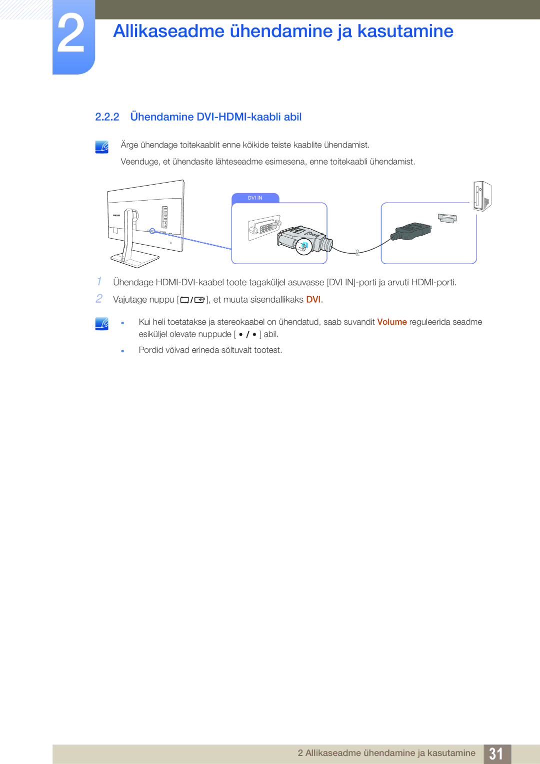 Samsung LS32D85KTSR/EN, LS27D85KTSN/EN manual 2 Ühendamine DVI-HDMI-kaabli abil 