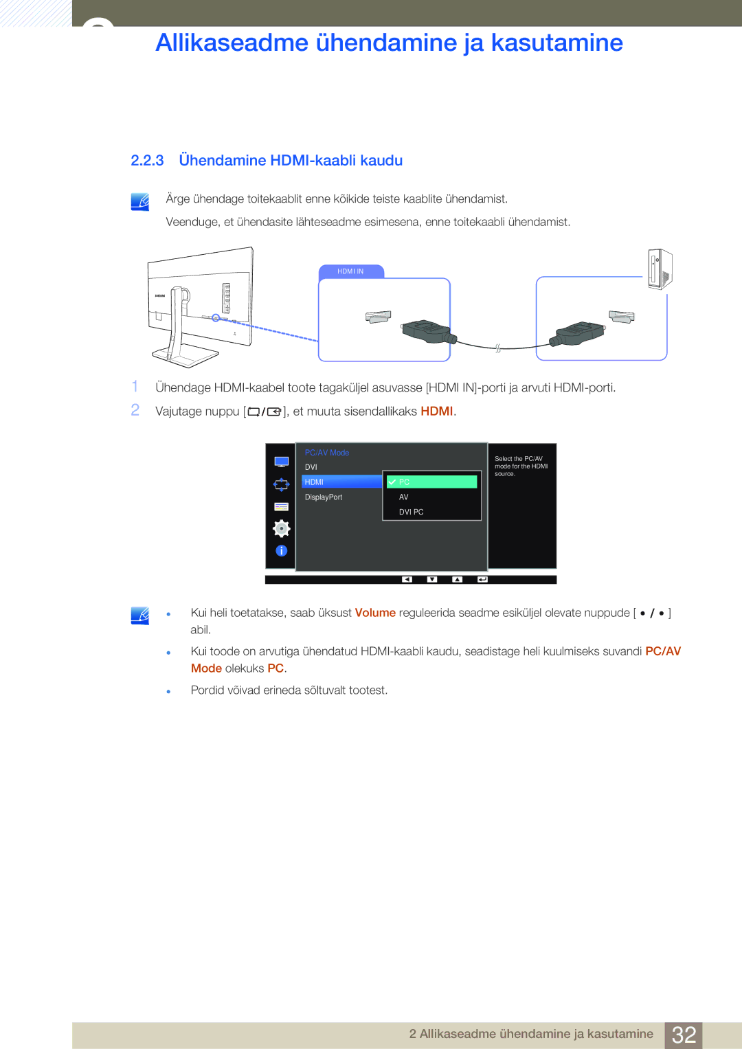 Samsung LS27D85KTSN/EN, LS32D85KTSR/EN manual 3 Ühendamine HDMI-kaabli kaudu 