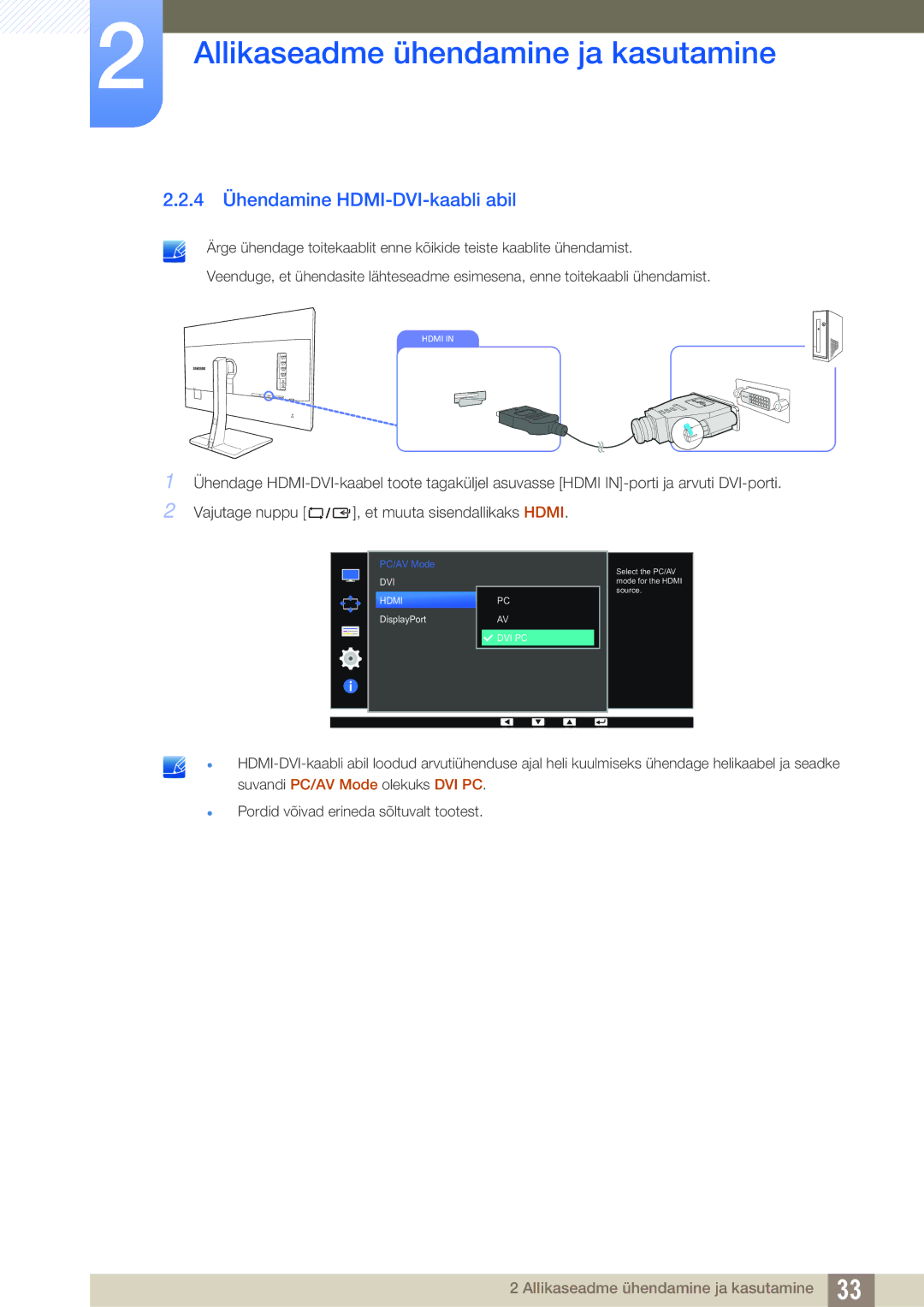 Samsung LS32D85KTSR/EN, LS27D85KTSN/EN manual 4 Ühendamine HDMI-DVI-kaabli abil 