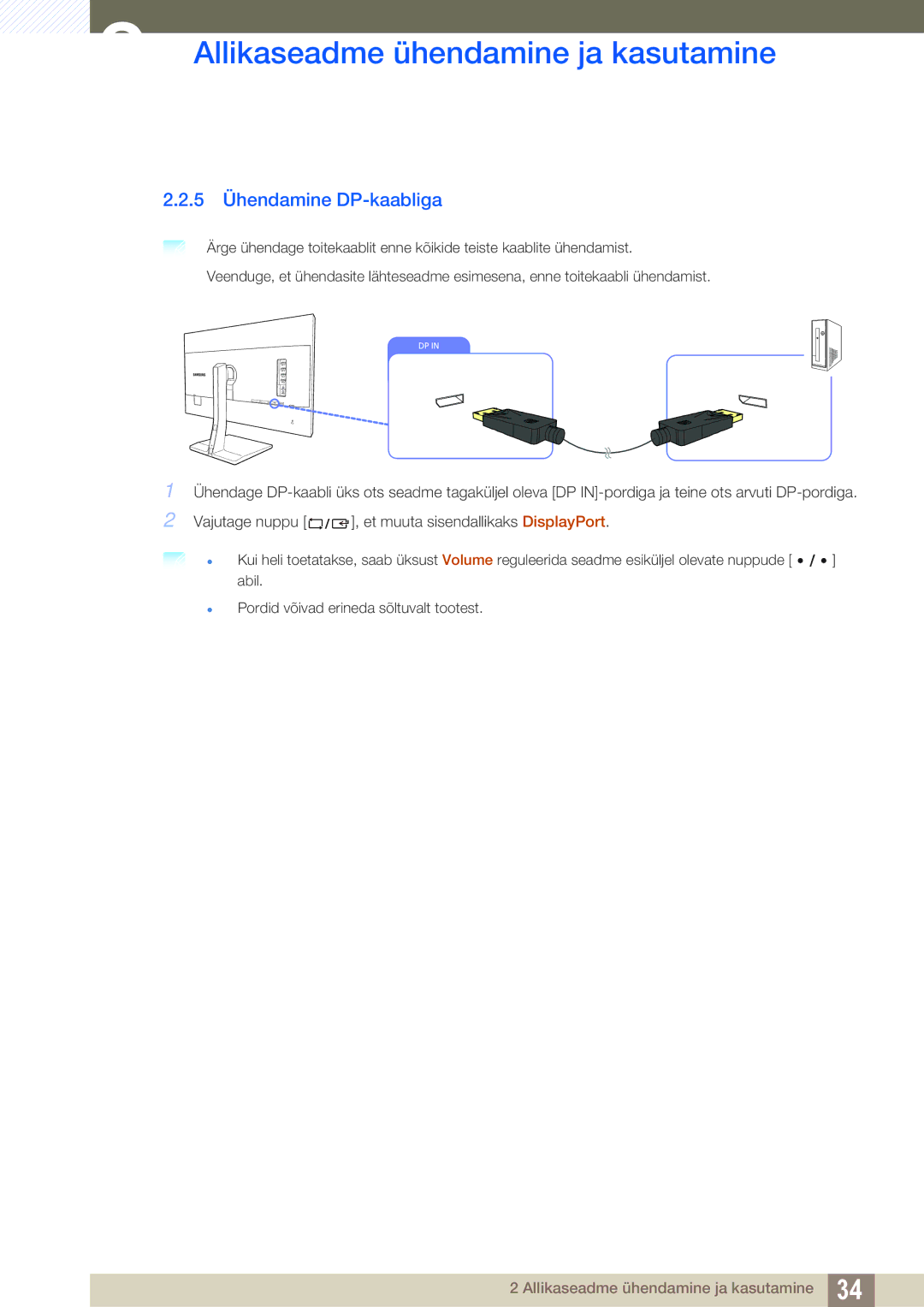 Samsung LS27D85KTSN/EN, LS32D85KTSR/EN manual 5 Ühendamine DP-kaabliga 