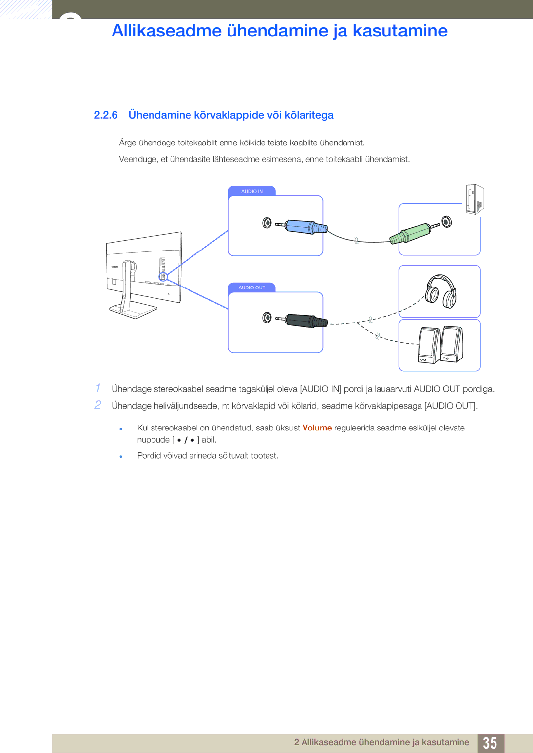 Samsung LS32D85KTSR/EN, LS27D85KTSN/EN manual 6 Ühendamine kõrvaklappide või kõlaritega 