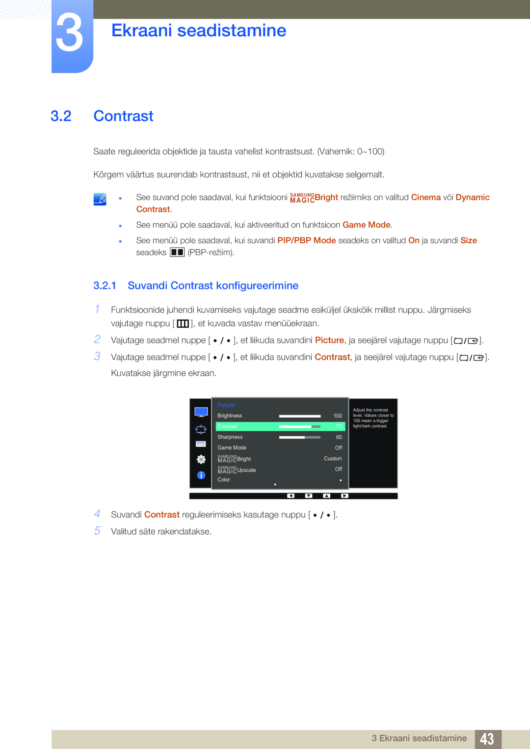 Samsung LS32D85KTSR/EN, LS27D85KTSN/EN manual Suvandi Contrast konfigureerimine 