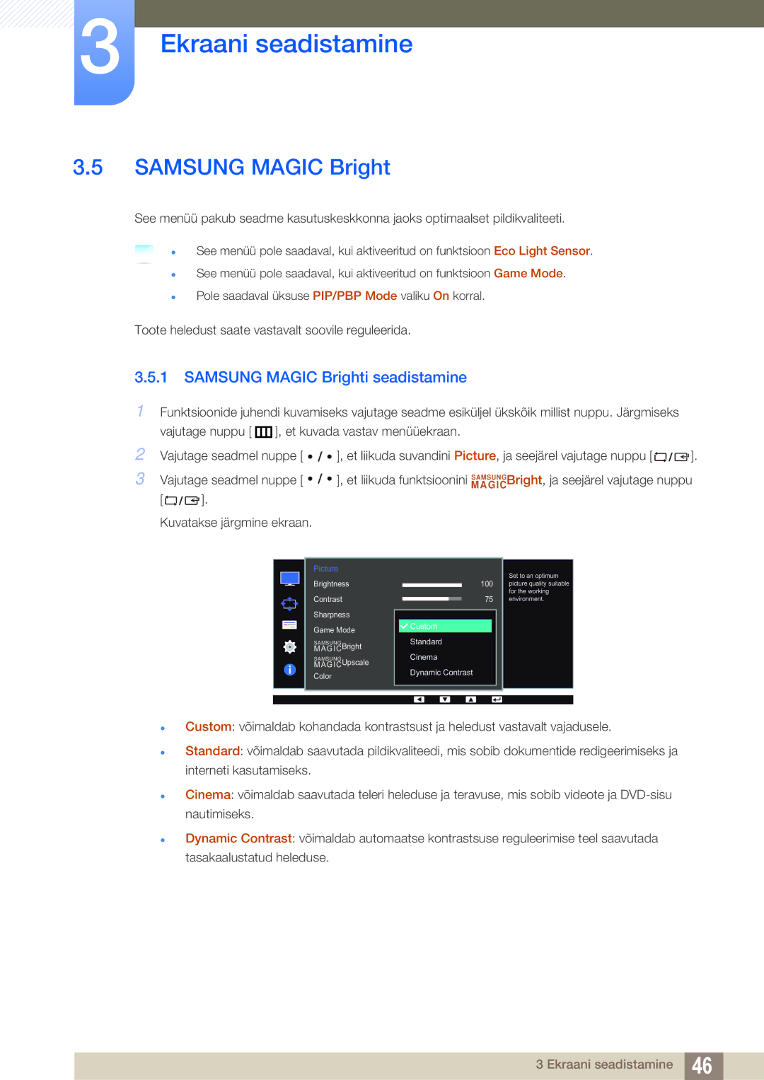 Samsung LS27D85KTSN/EN, LS32D85KTSR/EN manual Samsung Magic Brighti seadistamine 