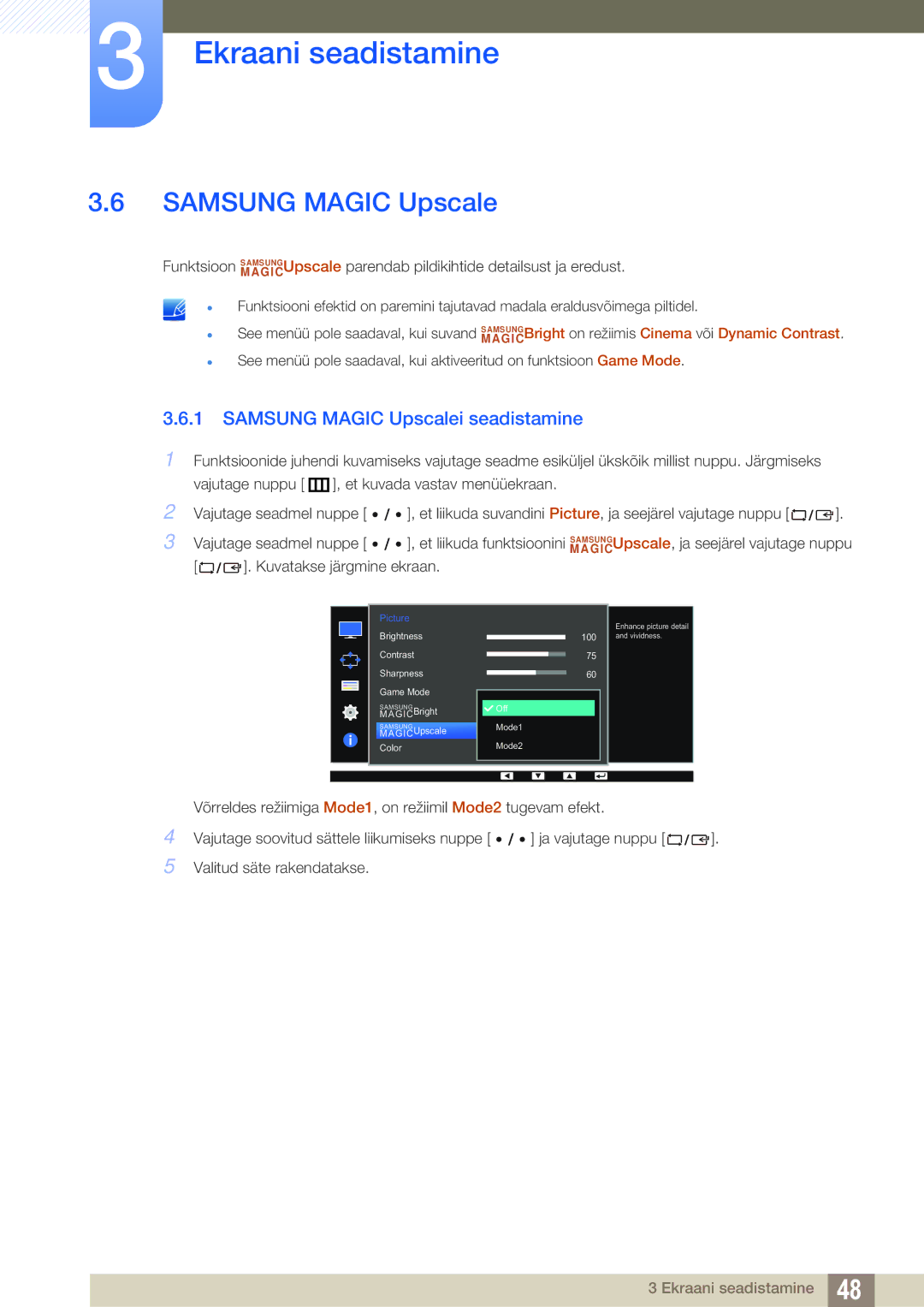 Samsung LS27D85KTSN/EN, LS32D85KTSR/EN manual Samsung Magic Upscalei seadistamine 