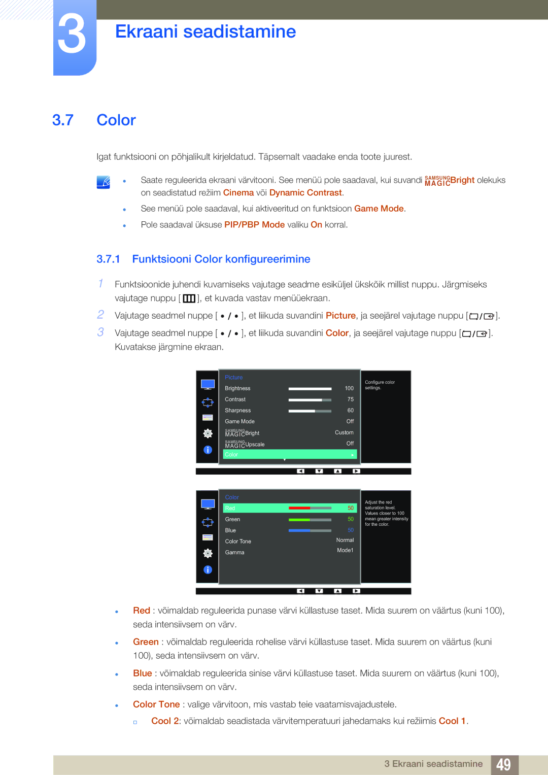 Samsung LS32D85KTSR/EN, LS27D85KTSN/EN manual Funktsiooni Color konfigureerimine 