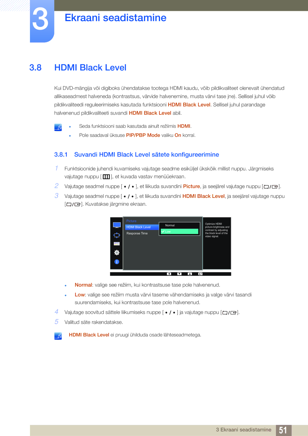 Samsung LS32D85KTSR/EN, LS27D85KTSN/EN manual Suvandi Hdmi Black Level sätete konfigureerimine 