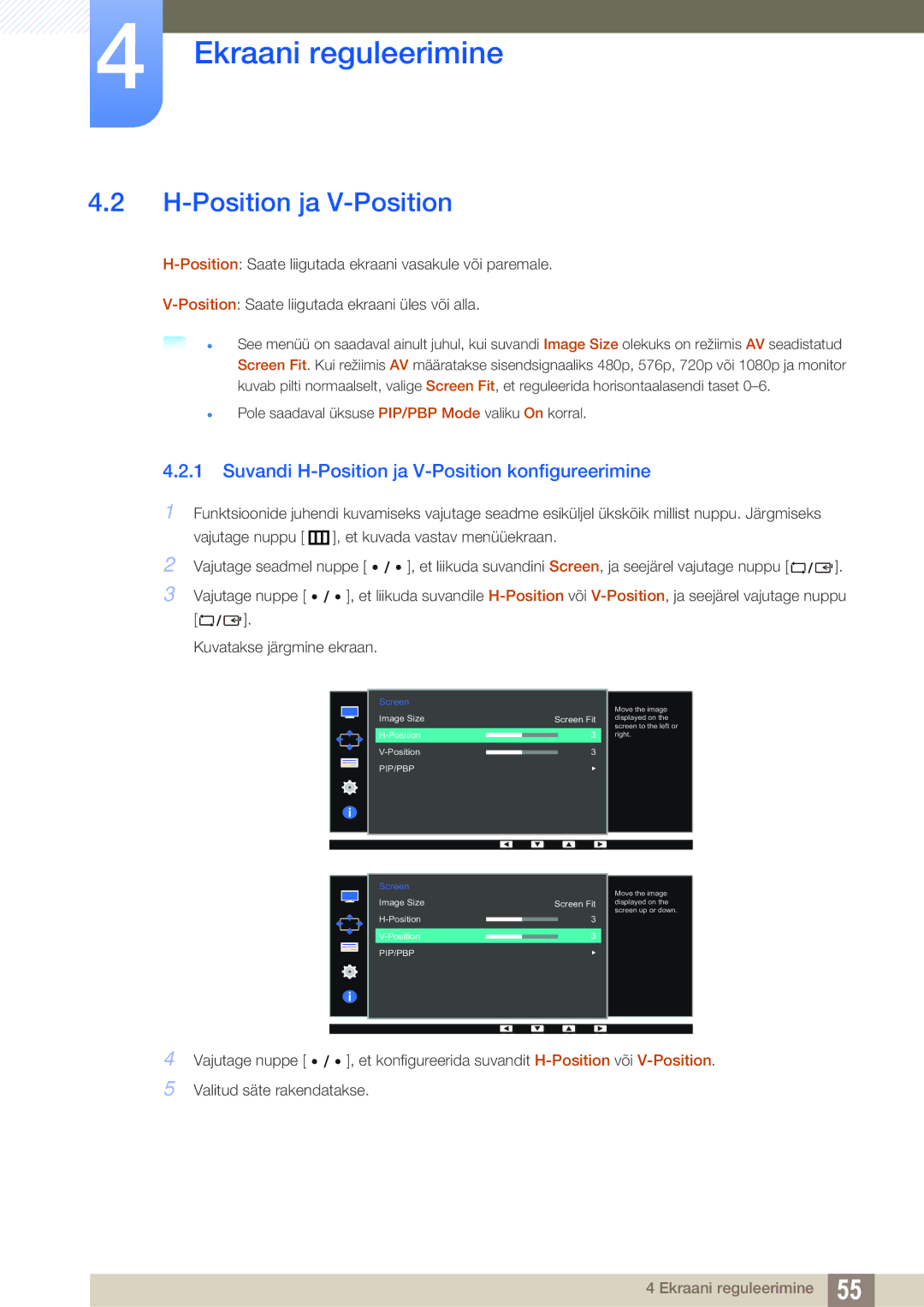 Samsung LS32D85KTSR/EN, LS27D85KTSN/EN manual Suvandi H-Position ja V-Position konfigureerimine 