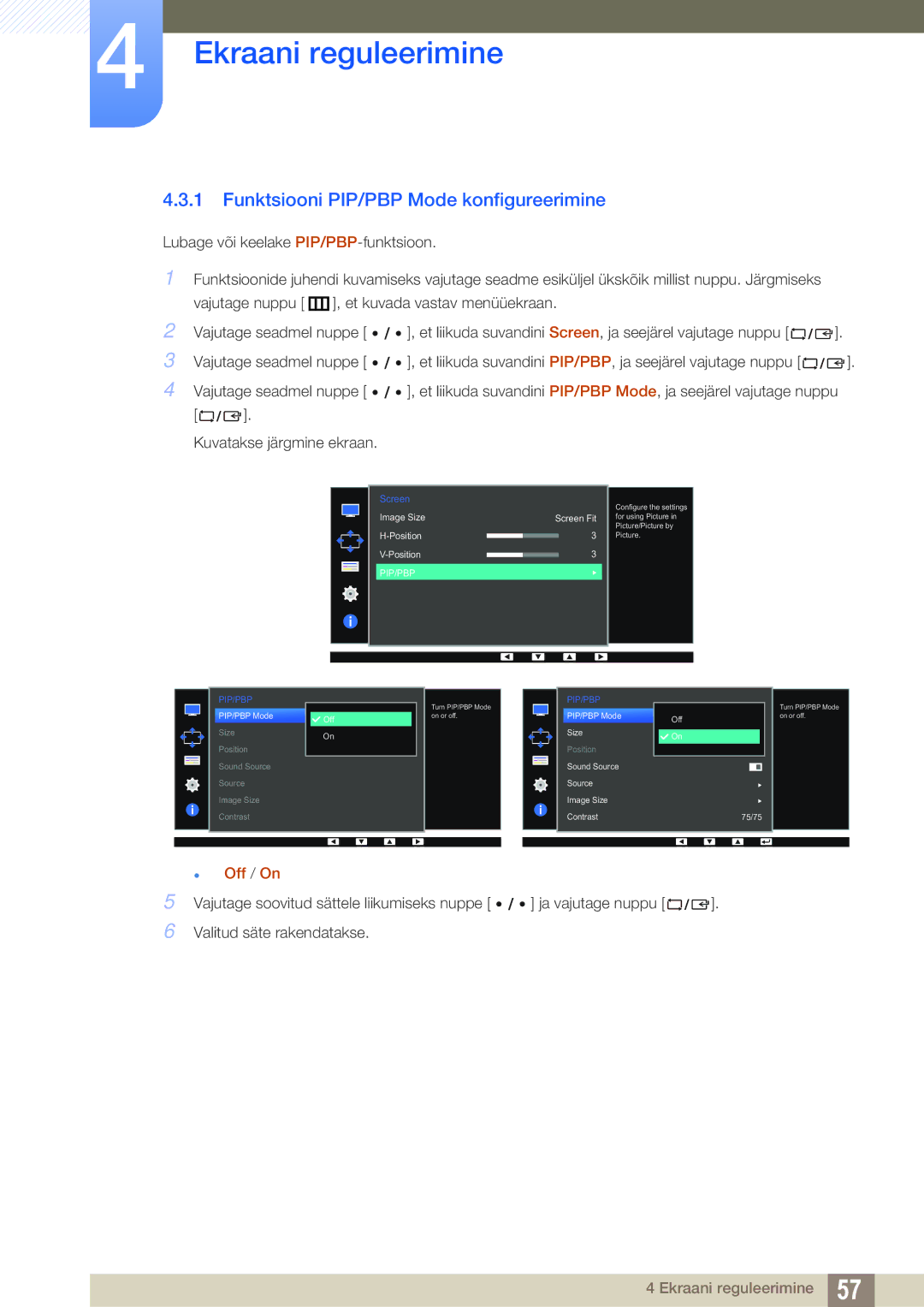 Samsung LS32D85KTSR/EN, LS27D85KTSN/EN manual Funktsiooni PIP/PBP Mode konfigureerimine,  Off / On 